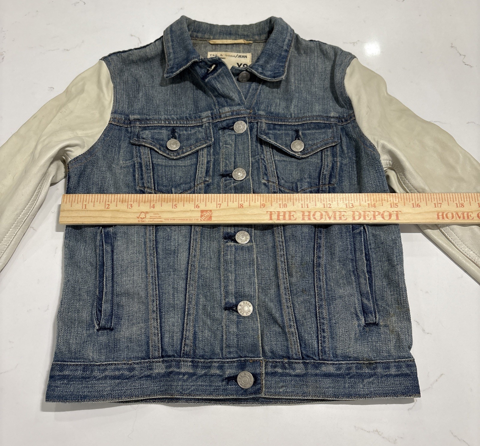 RAG & BONE Women’s Light Blue Denim Jacket With Cream Leather Sleeves Size XS