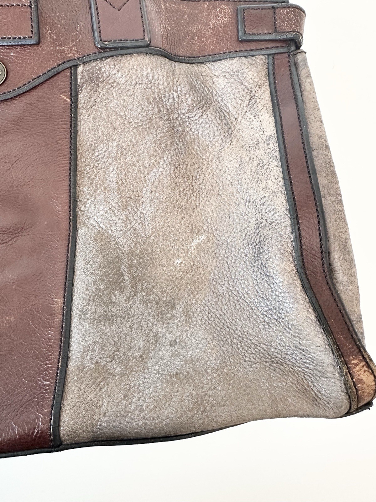 Fossil Colorblock Tote Bag Brown Gray Turn Lock Large Bottom Studs Inner Pockets