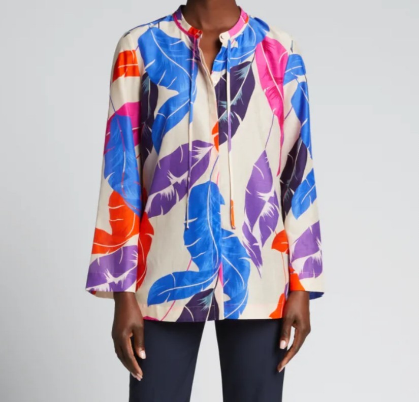 KOBI HALPERIN Darrien Feather and Leaf Print Cotton/Silk Blouse Tunic Top sz 2XL