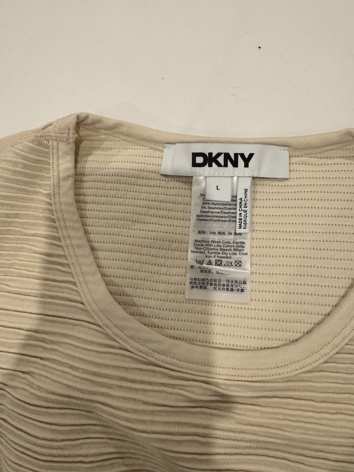 DKNY Vanilla Ribbed/Textured Sleeveless Tank Top Crew Neck Sz L Nylon/Span NWT