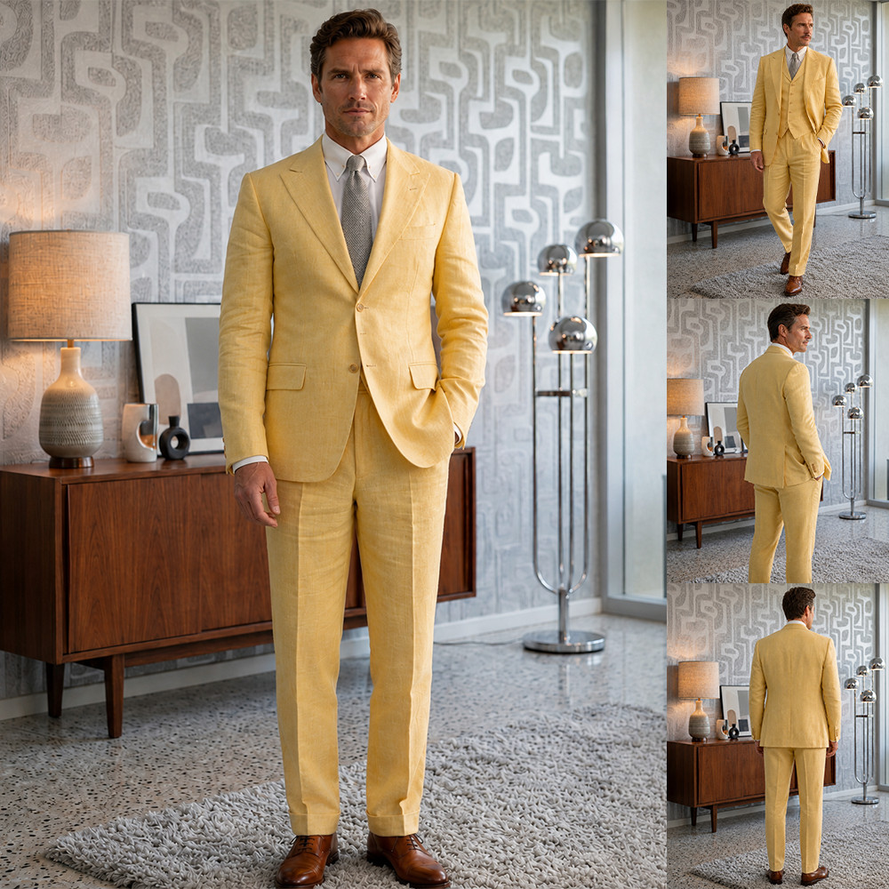 Mens Yellow Linen Suit Jacket Vest Pants Wedding Prom Groom Beach Party 3pc Set