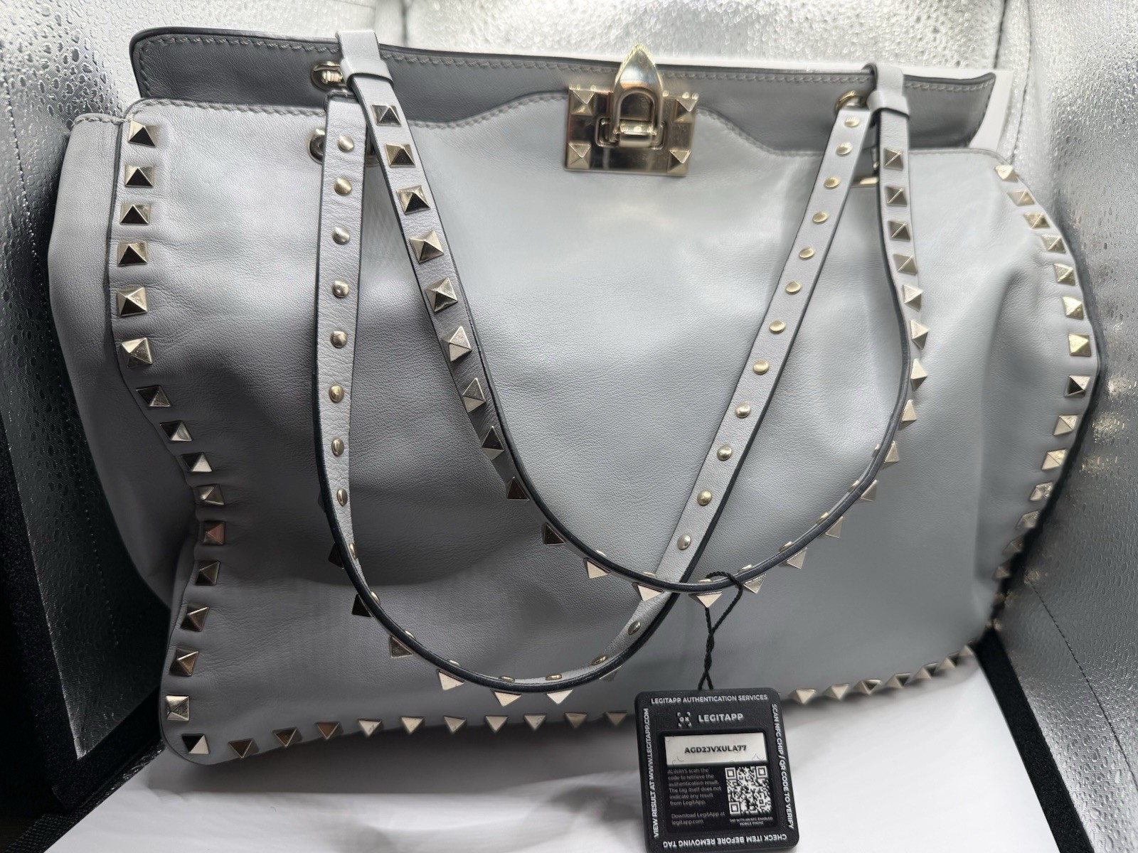 Valentino Gray Studded Tote Bag Gold Hardware Push Lock Double Handles Auth Tag
