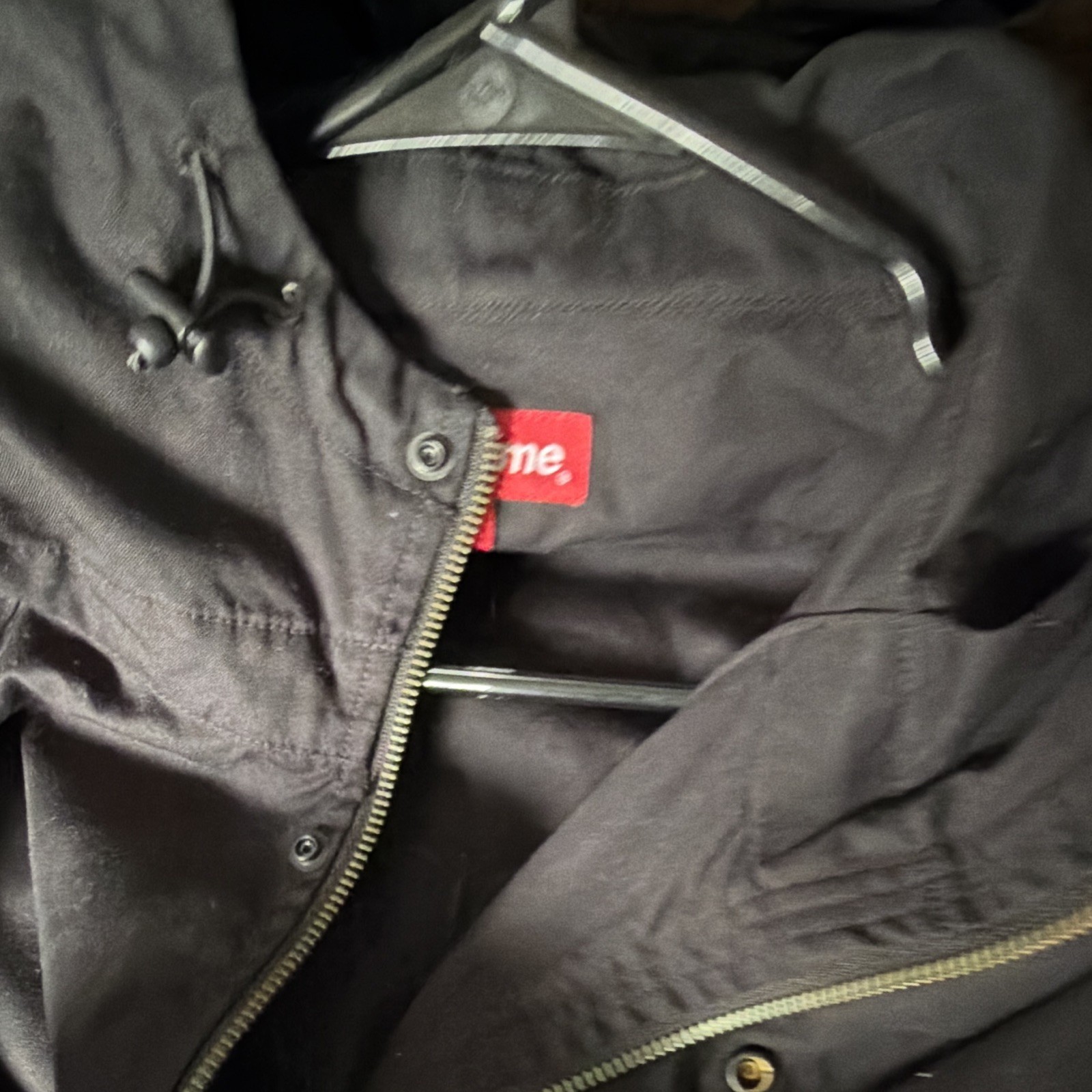 Supreme Men’s Black Hooded Parka Jacket L Zip/Snap Embroidered Logo Pockets