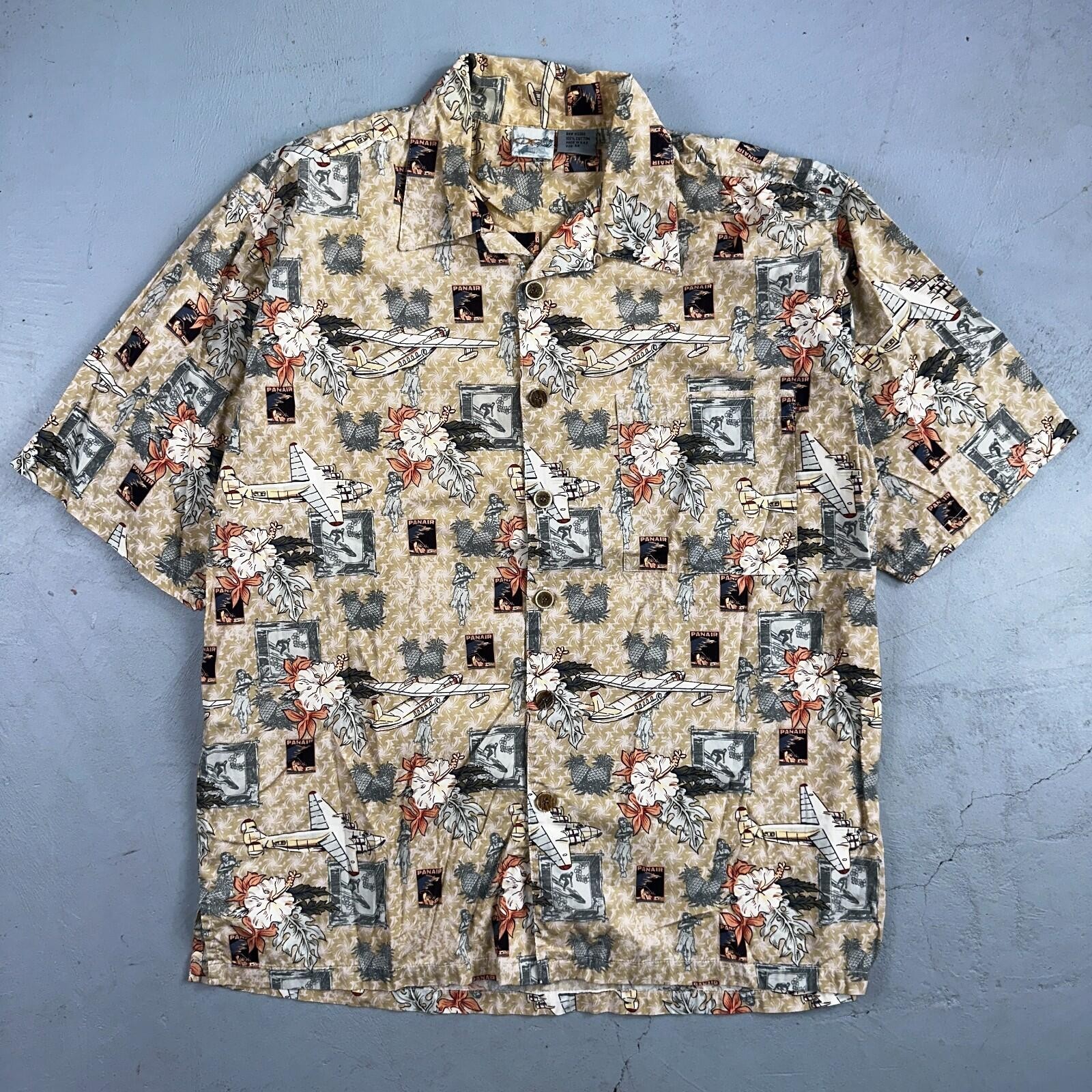 Vintage OP Ocean Pacific PANAIR Plane Hawaiian Men’s Shirt Sz. M Hula Girl