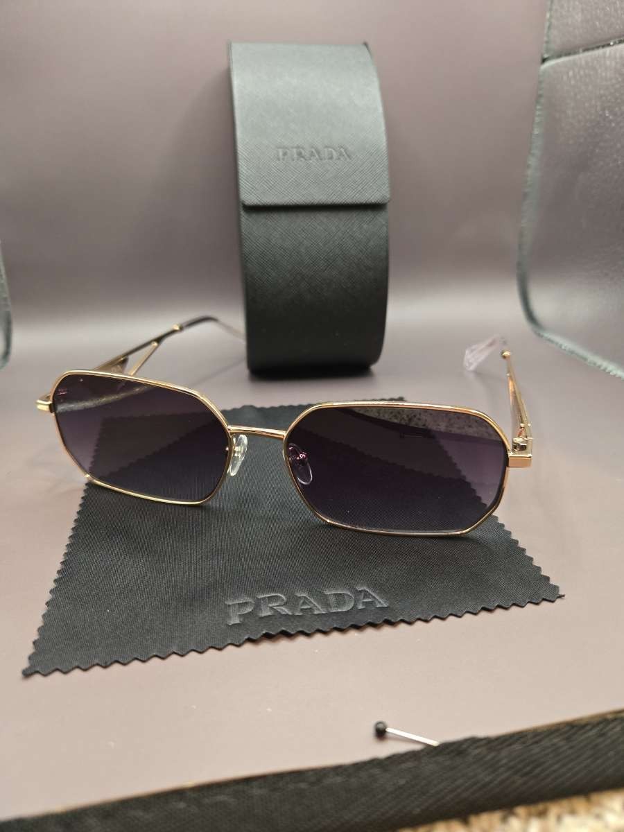 PRADA PRA51S Rectangular Metal Sunglasses Gold Frame Gray Tinted Lens 58-17