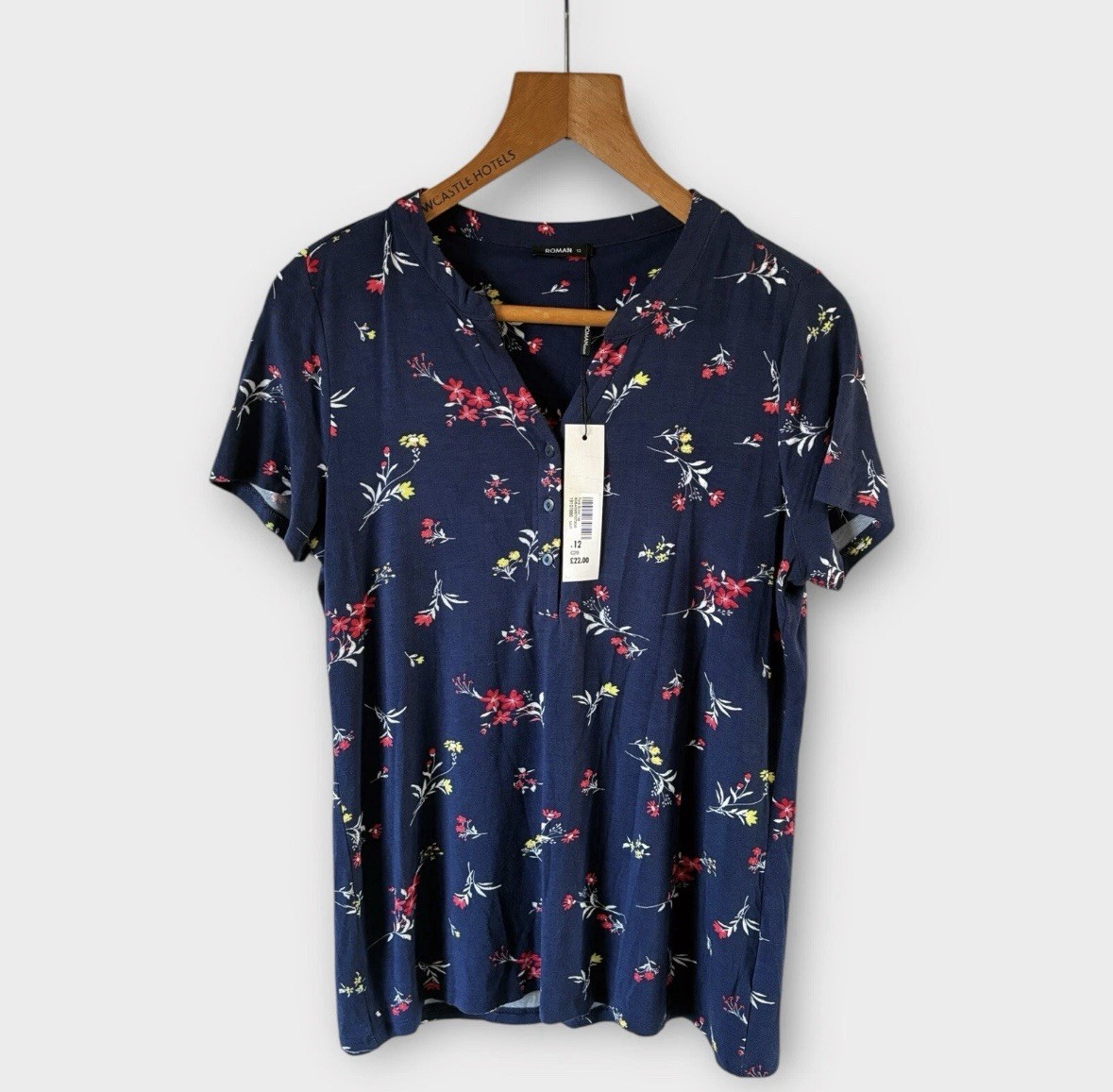 Roman Floral Blouse Tee T Shirt Top 12 Navy Blue Jersey Short Sleeve Casual NEW