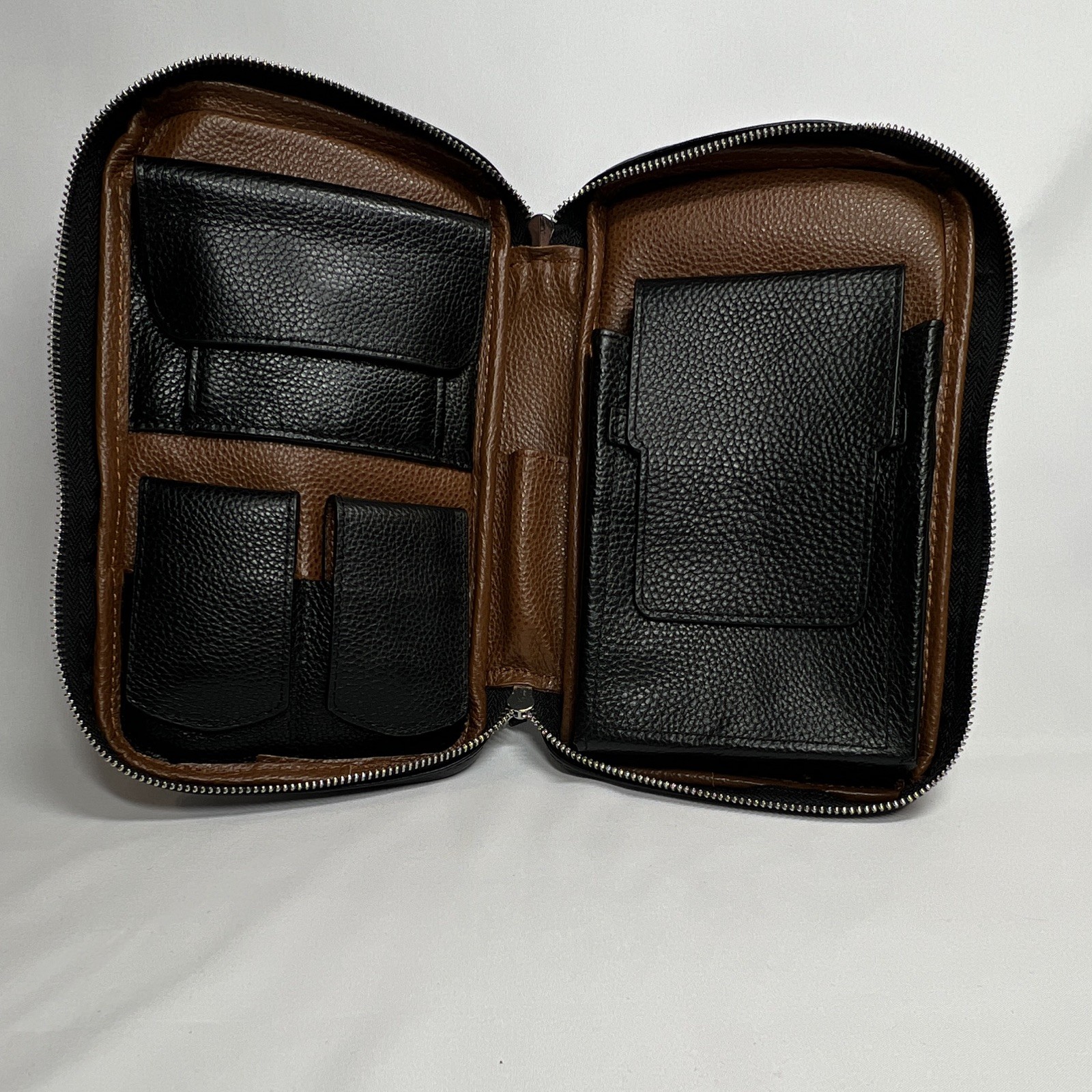 FIREDOG Black Leather Smell Proof Cigar Organizer Multi-Pocket Bag Pouch