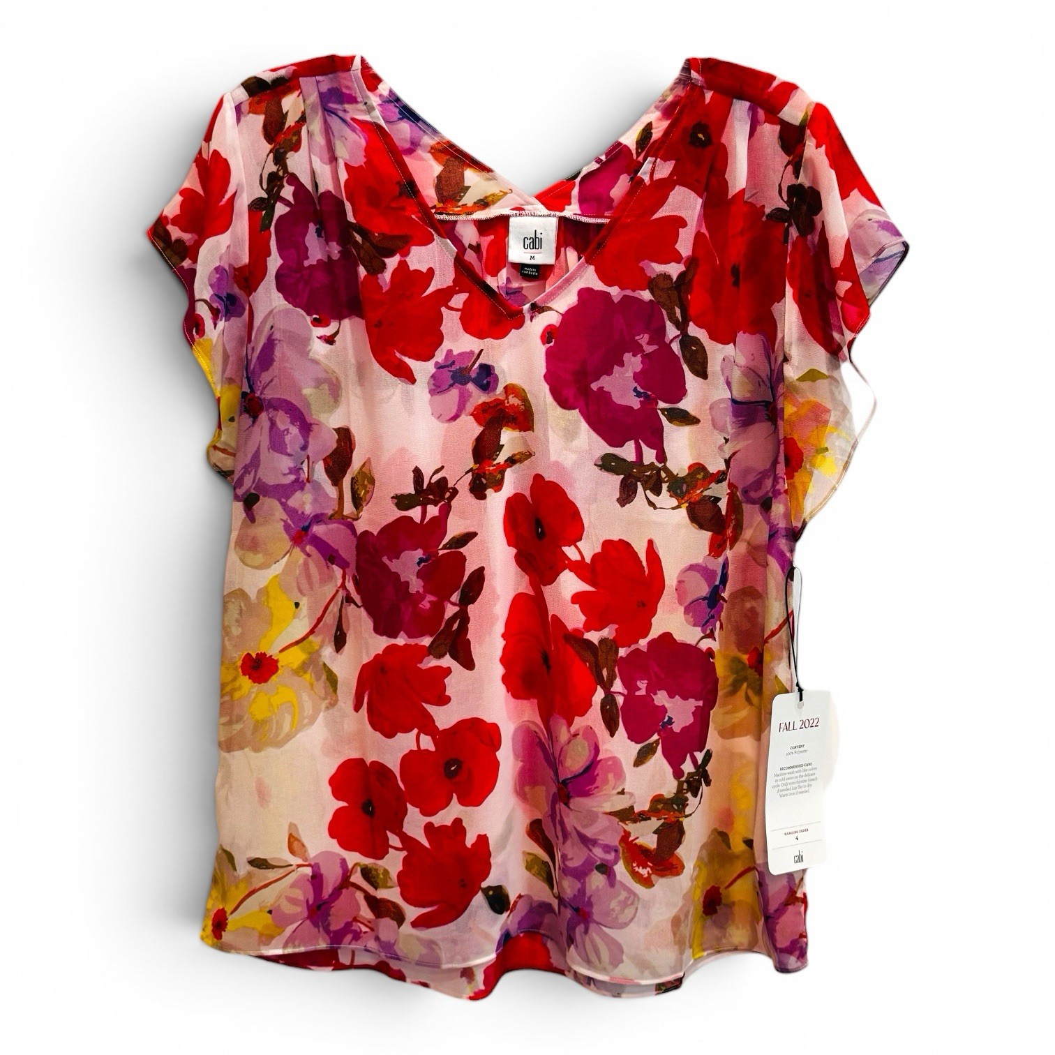NWT CAbi #4347 Floral Passion Top V-neckline Fluttery Cap Sleeve Top Size M