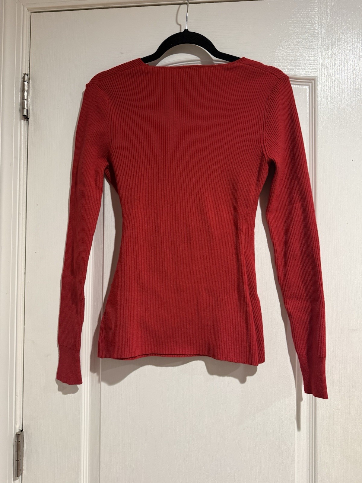 BEBE Red Asymmetric Side LOGO Faux Wrap Ribbed Knit V Neck Sweater Size Small