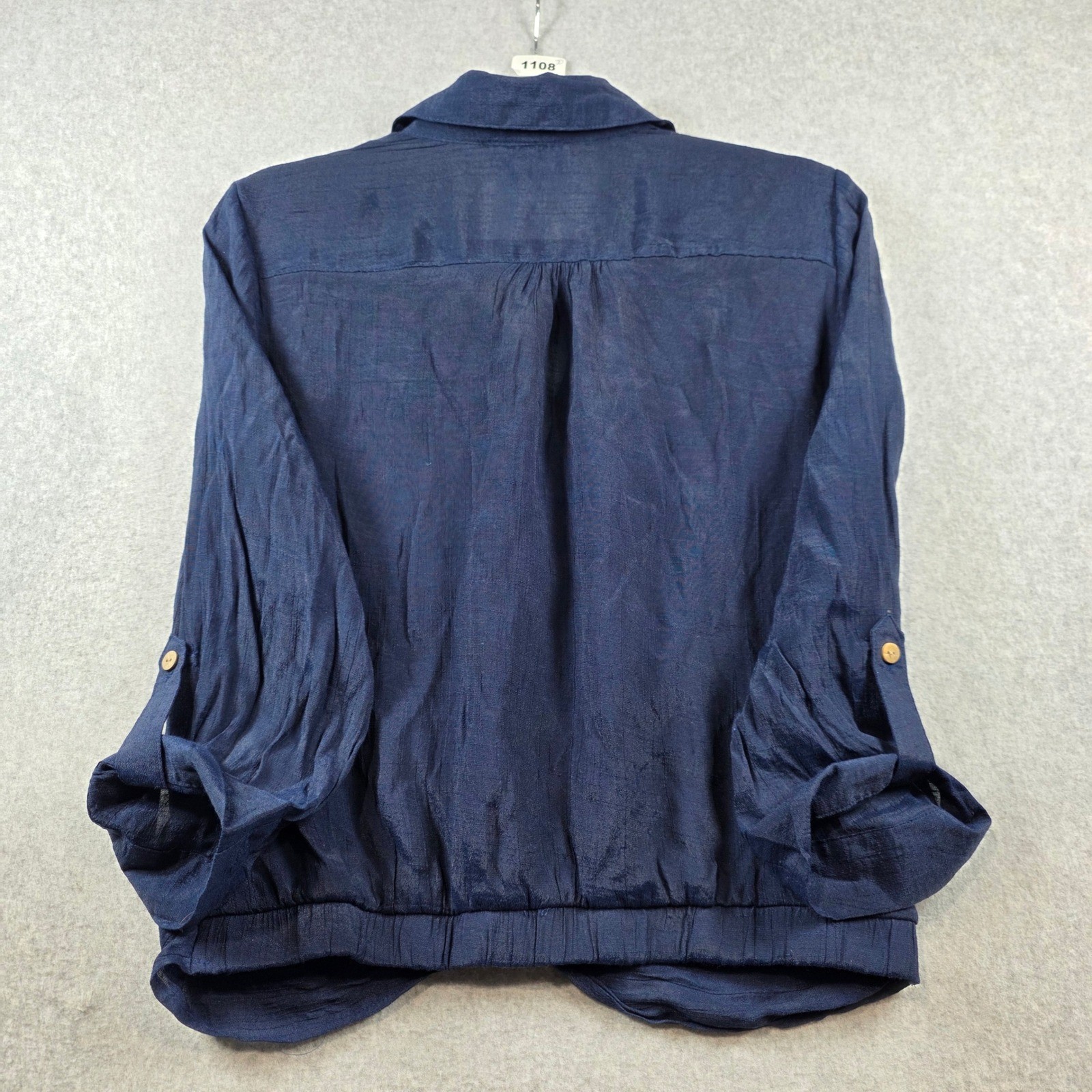 B-Wear Women Navy Blue Twist Front Roll Tab Sleeve Button Up Blouse Size M