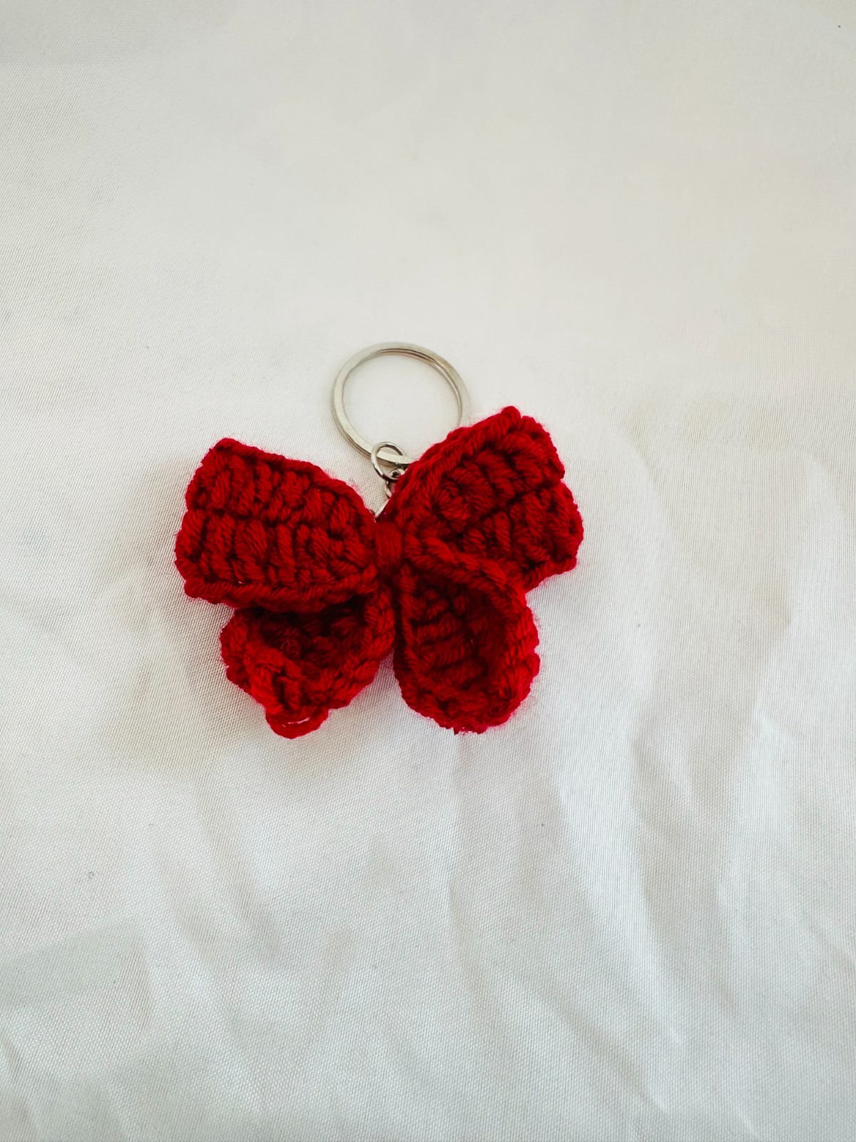 Handmade Crochet Bow Keychain, Red Yarn Bow Charm, Cute Bag Accessory