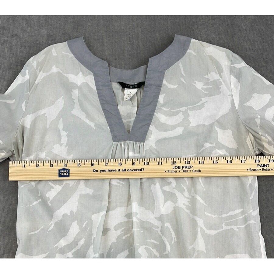 J.Crew Womens Small Gray White Abstract Print Cotton Tunic Blouse Split Neck