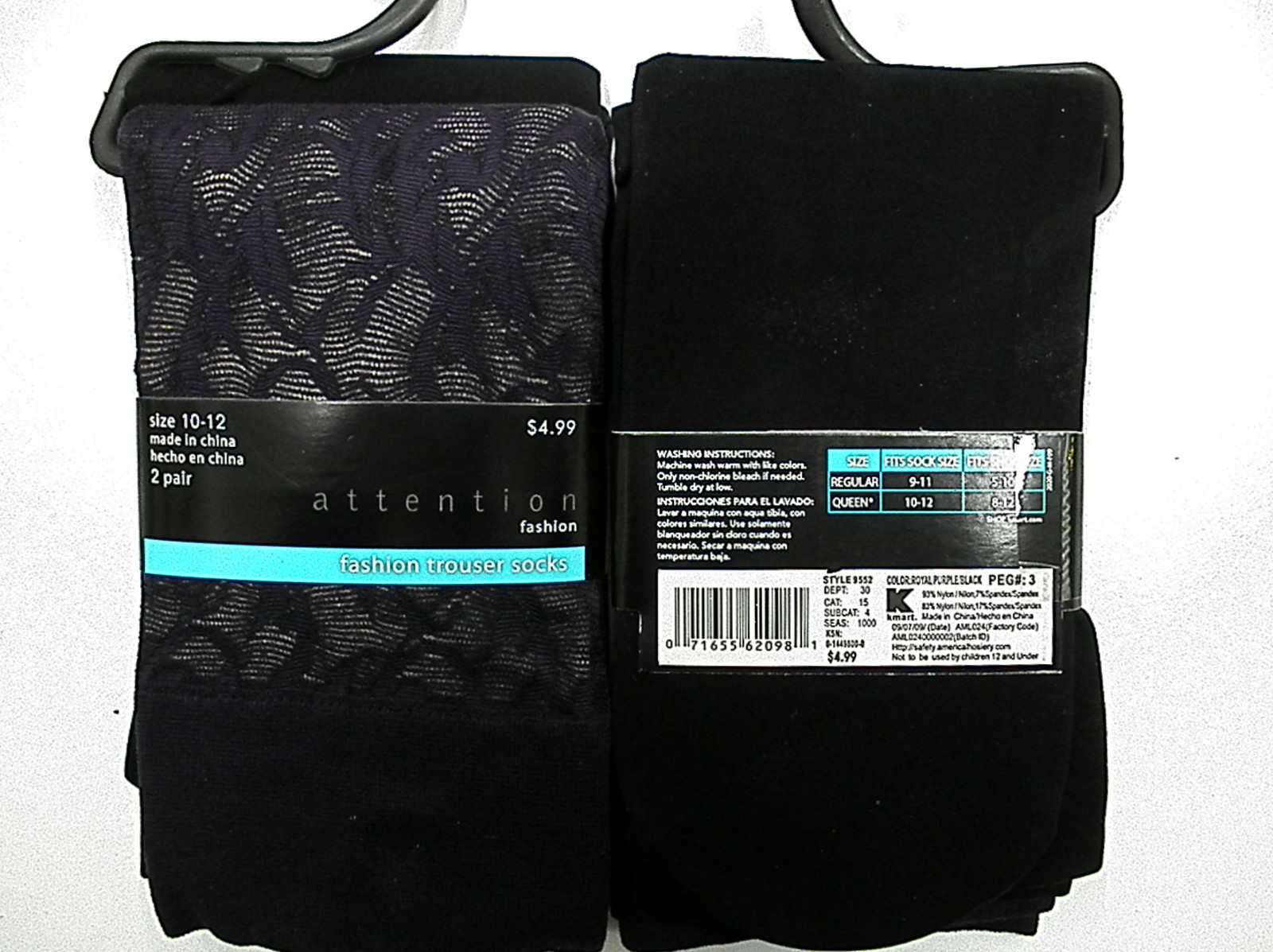 KNEE HIGH FASHION TROUSER SOCKS 10-12 QUEEN one pack of 2 different kinds