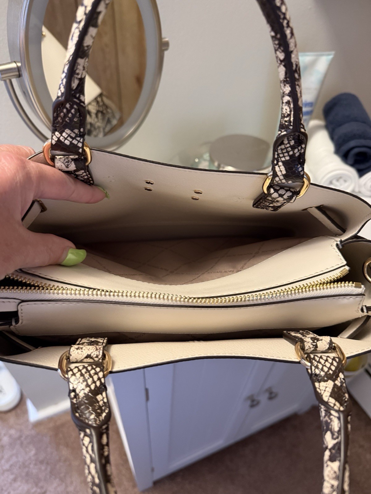 Michael Kors Cream Satchel Snake Print Trim Gold Hardware Zip Detachable Strap