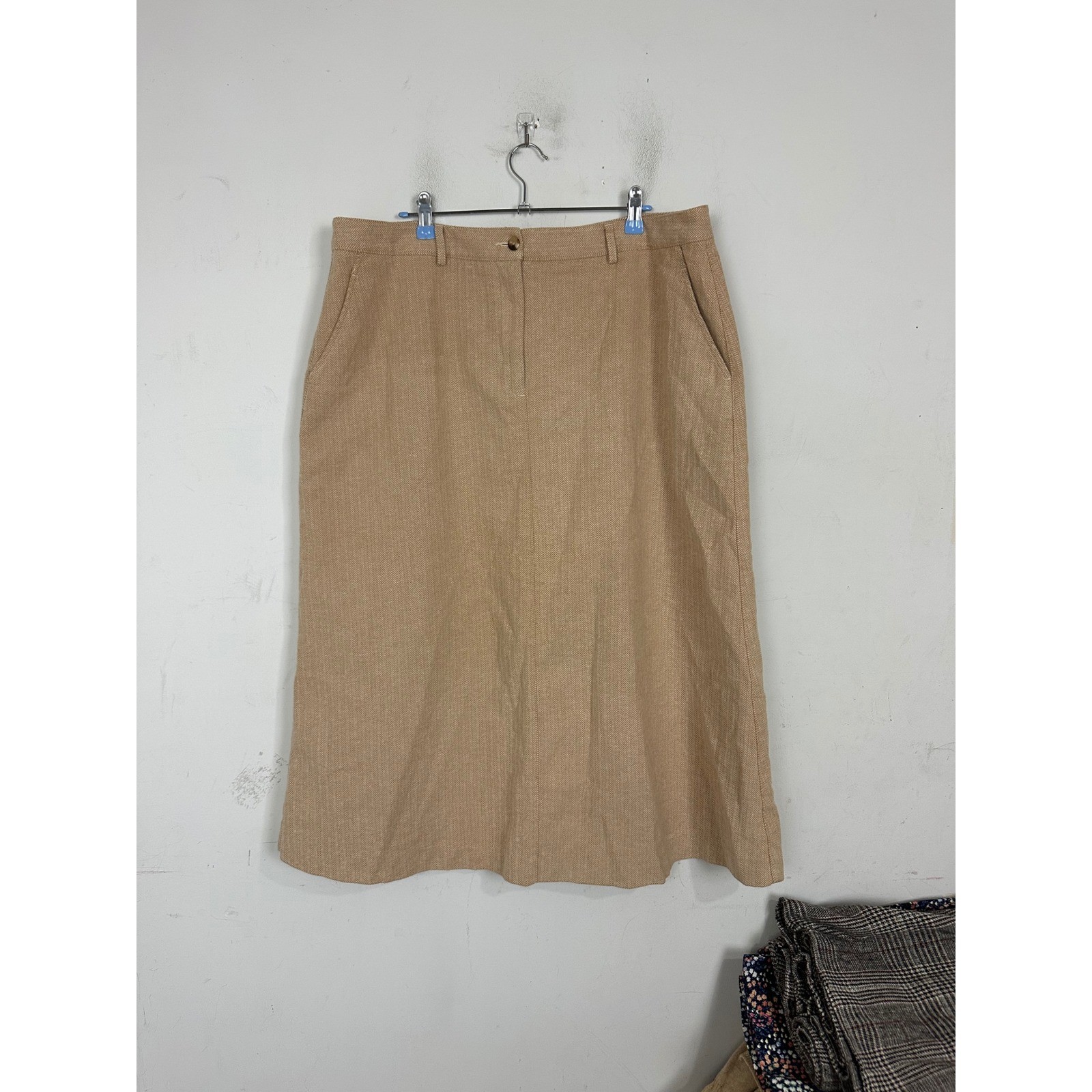 LL Bean Classic Fit Straight Skirt Tan Herringbone Cotton Midi 18 Reg 270947