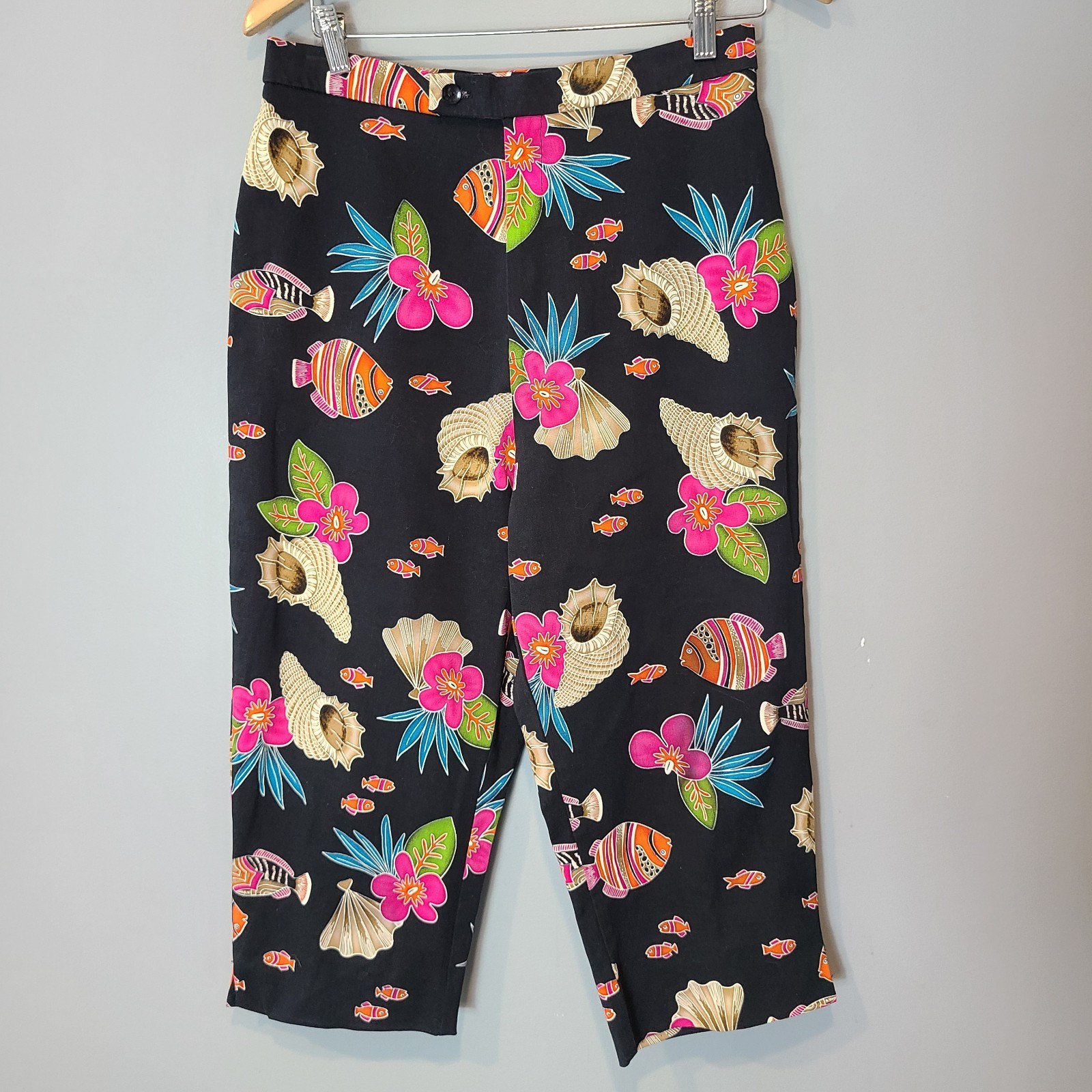 Vtg 90s Crop Capri Pants Seashell Fish Conch Cotton Spandex Sz M Resort Coastal