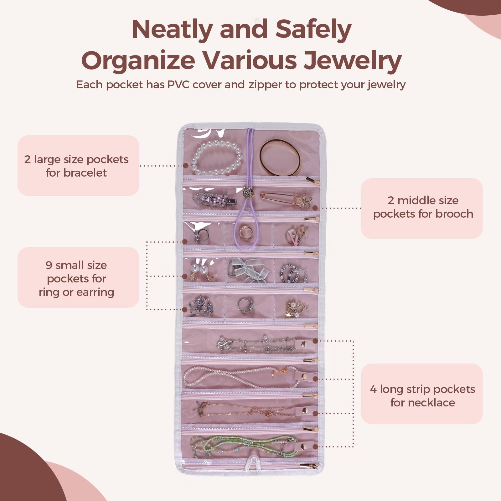 Travel Jewelry Organizer Roll with Zippered Pockets,Hangable | Tangle-Free Po…