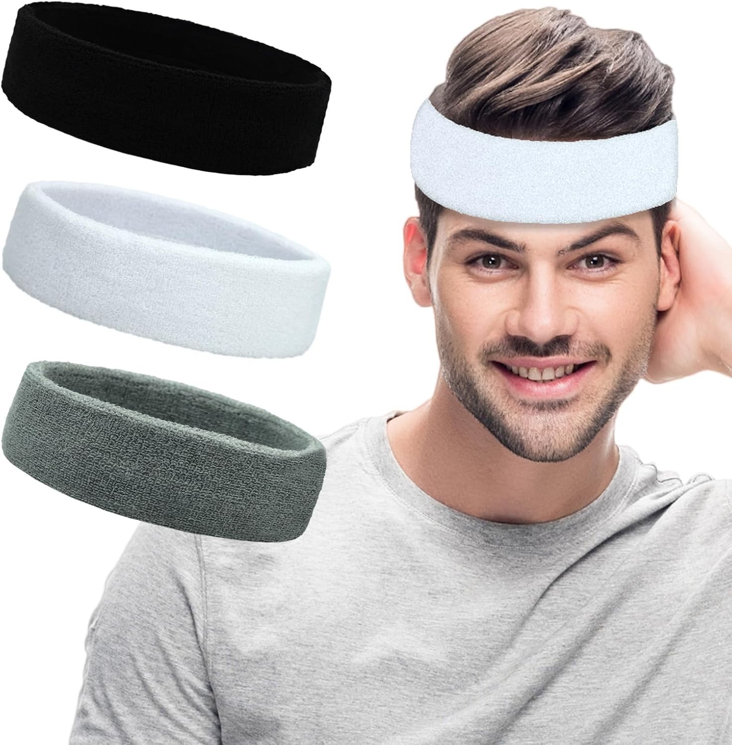3 Pack Men & Women Sweatband Headband Terry Cloth Moisture Wicking for Sports