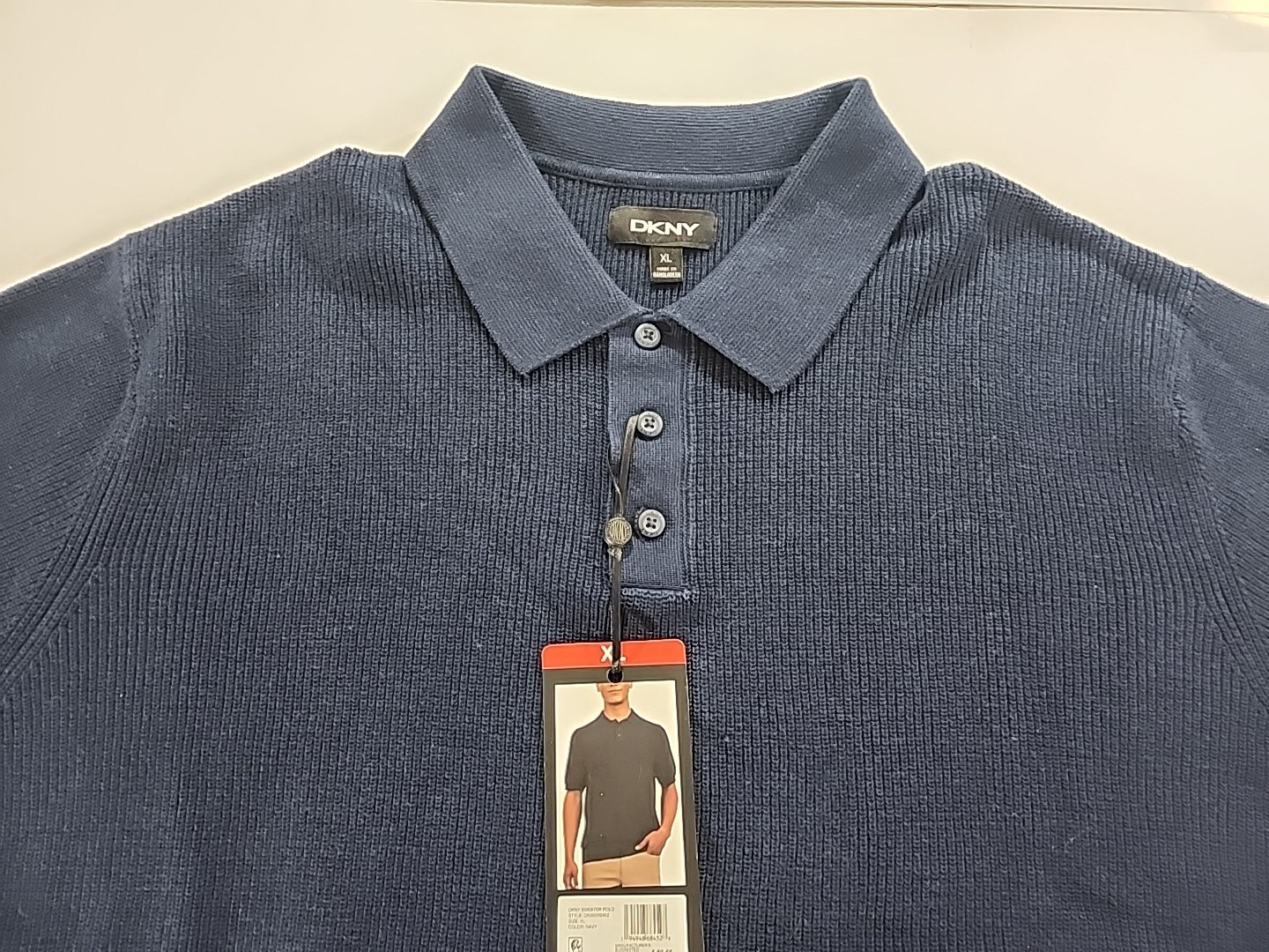 DKNY Men’s Short Sleeve Ribbed Knit 3 Button Placket Collared Sweater Polo XL