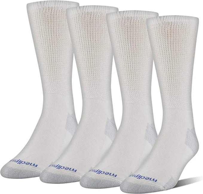 MediPeds Men’s NanoGLIDE Crew Socks, 4-Pack, White/Grey, Shoe Size: 12-15