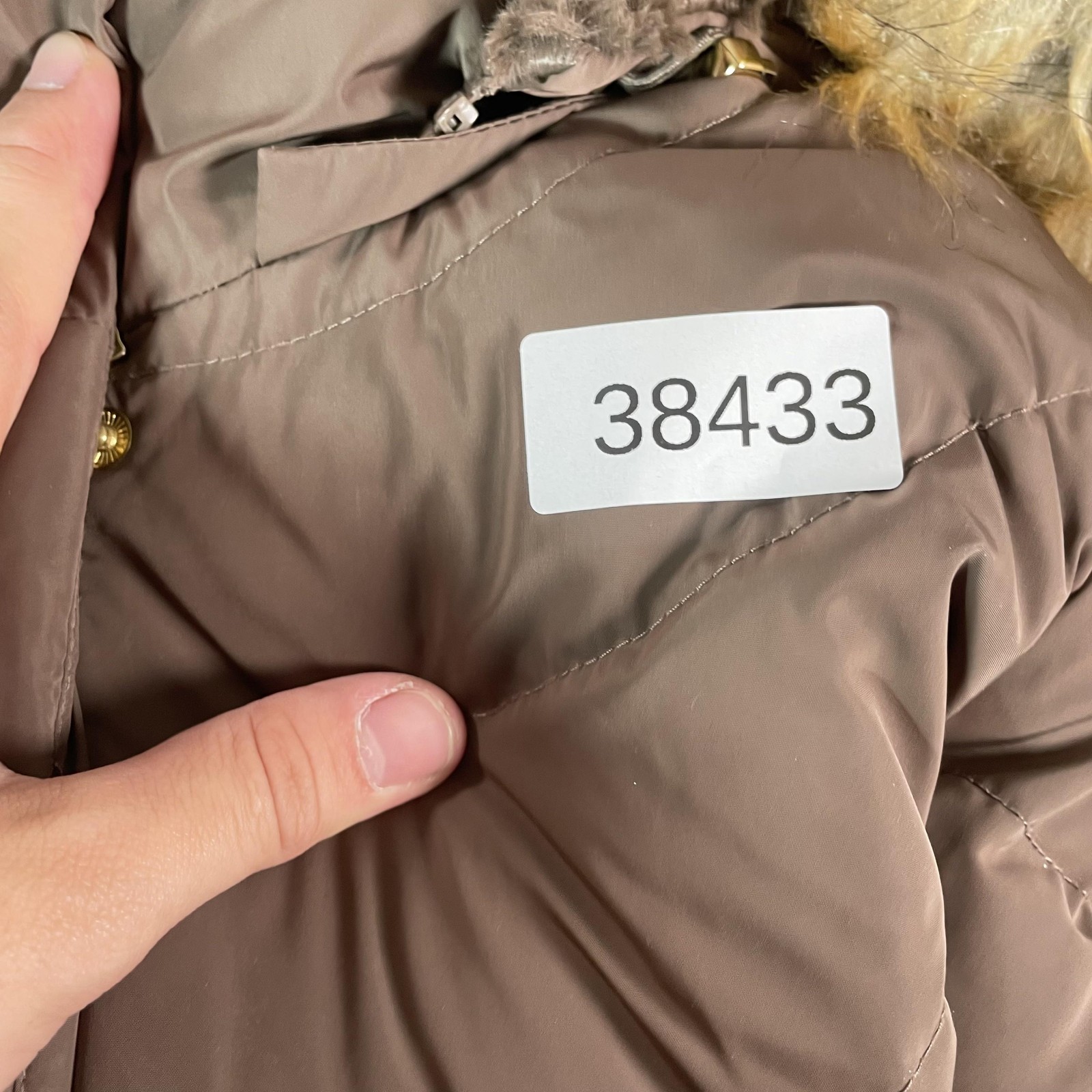 Jones New York Down Coat Womens Large Brown Puffer Hooded Fur Trim Long Parka