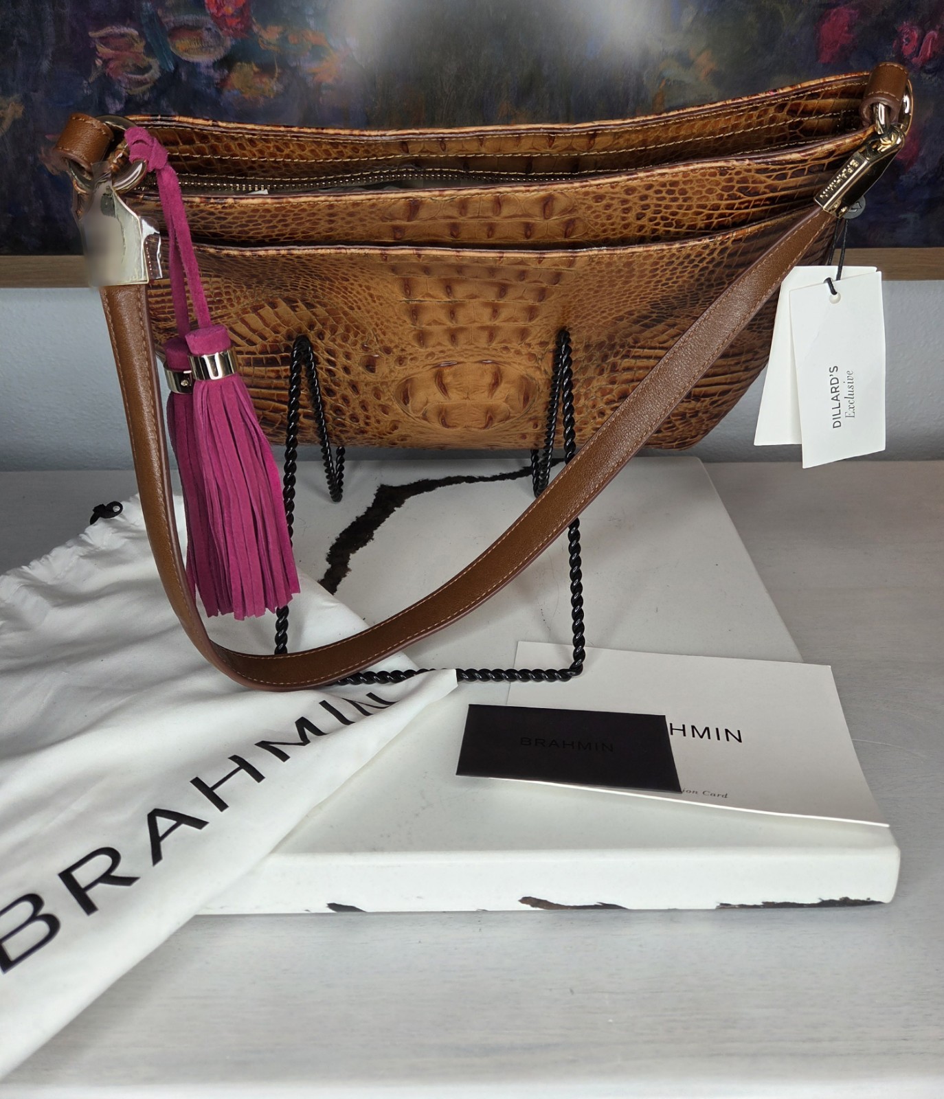 Brahmin Farrah Tote Toasted Almond Brown Woven Leather Bag Pink Whipstitch NWT