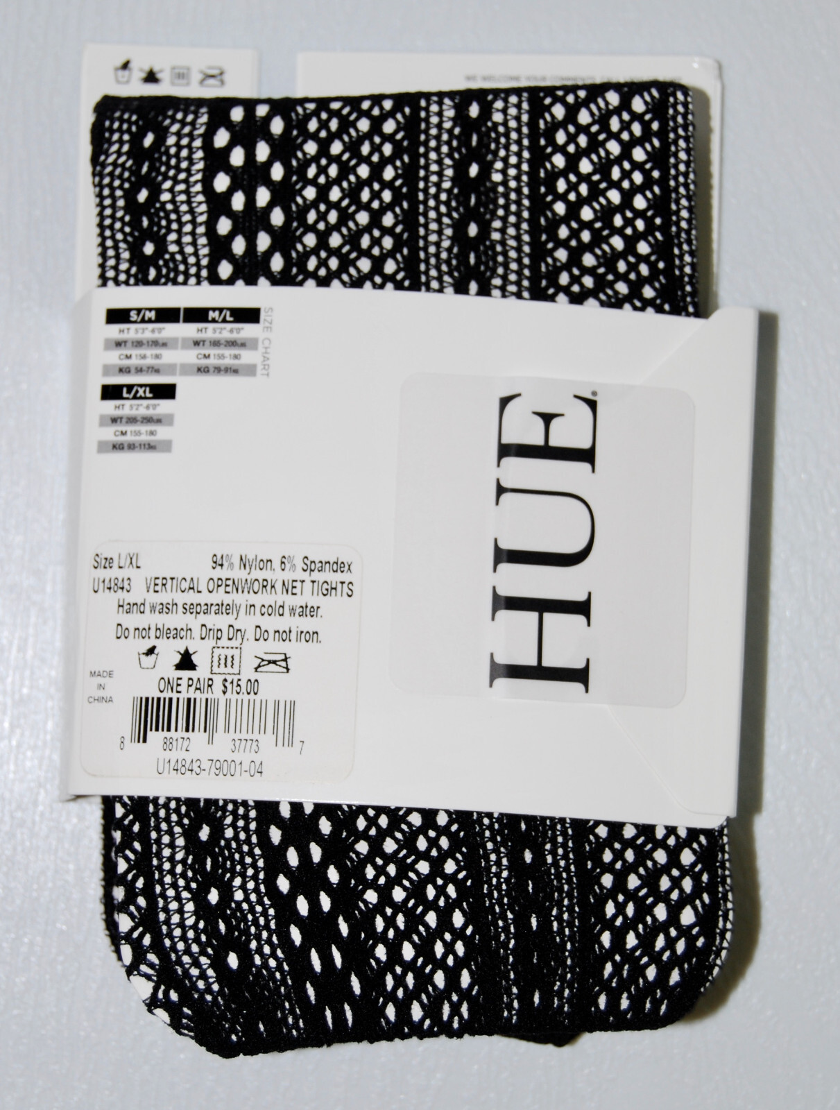 New HUE Women’s Black Vertical Open Work Net Tights sz L-XL