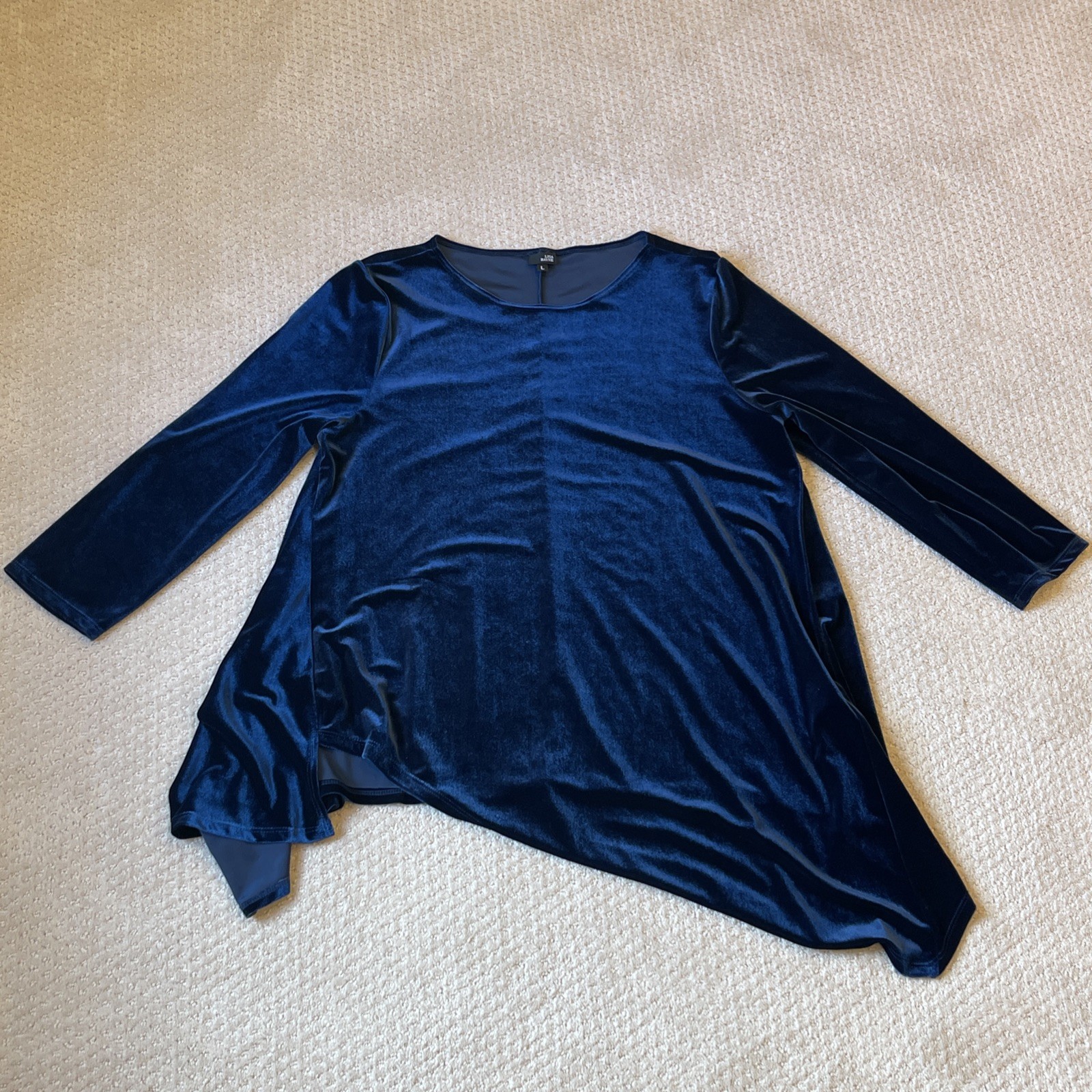 Lisa Bayne Velvet Top Womens Large Navy Blue Asymmetric Stretch Artsy Lagenlook
