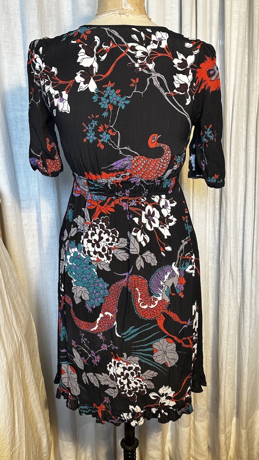 DEPT WOMENS DRAGON PRINT S SLEEVE Knee L DRESS SZ XS Pre-owned