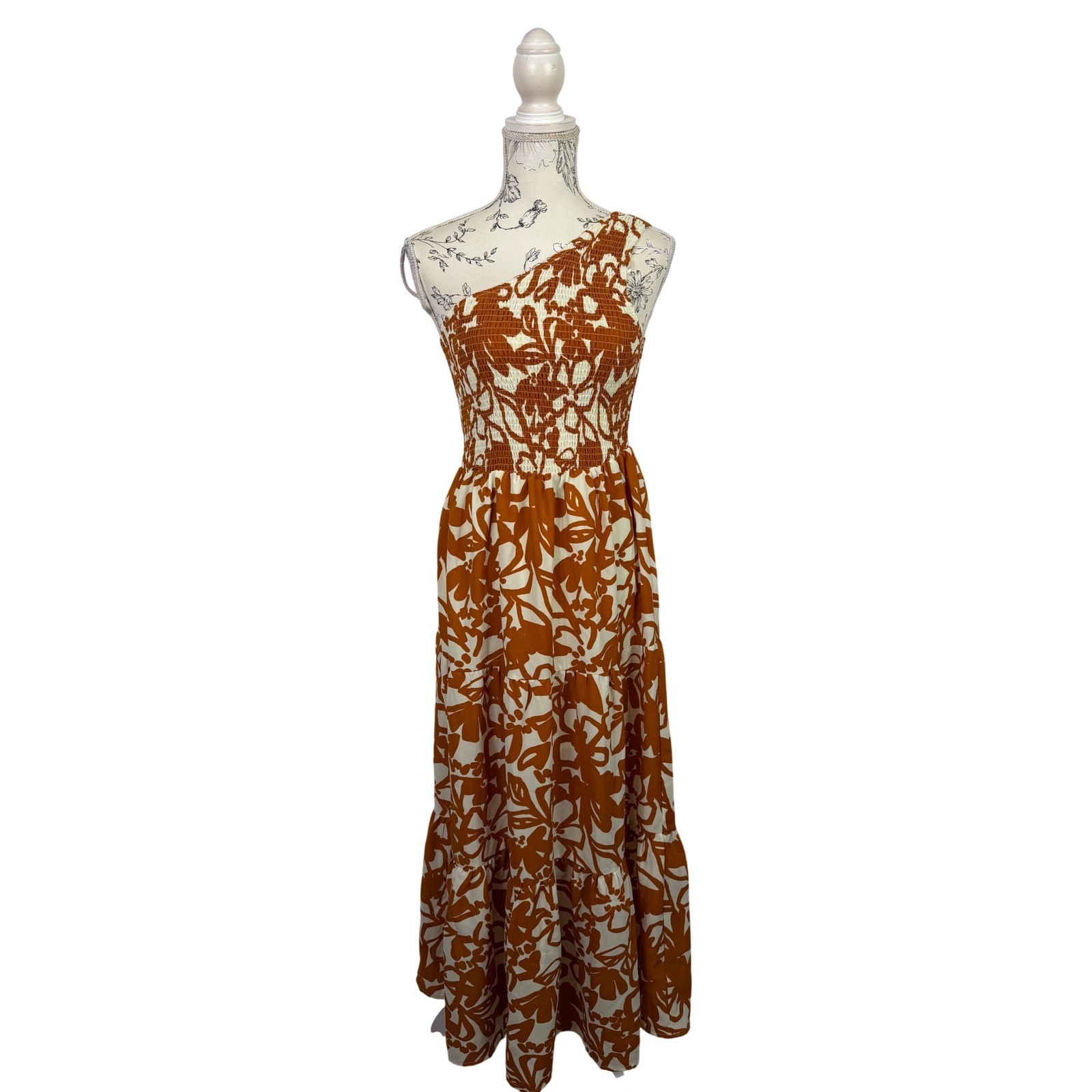 Sugarlips Marida Caramel Floral Smocked One Shoulder Lys Maxi Dress Size S NWT