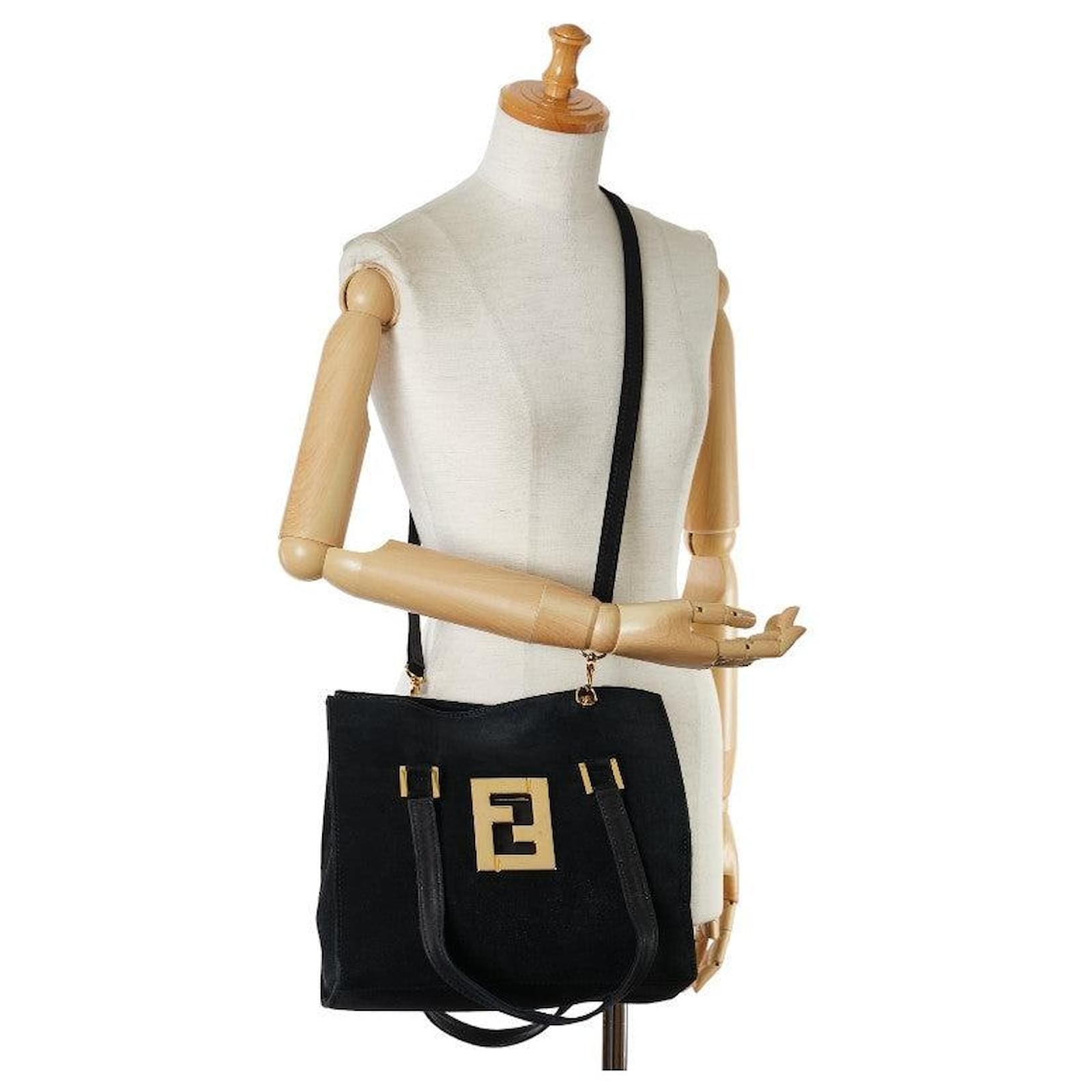 Fendi Black Medium Tote Bag Gold Tone FF Logo Detachable Adjustable Strap