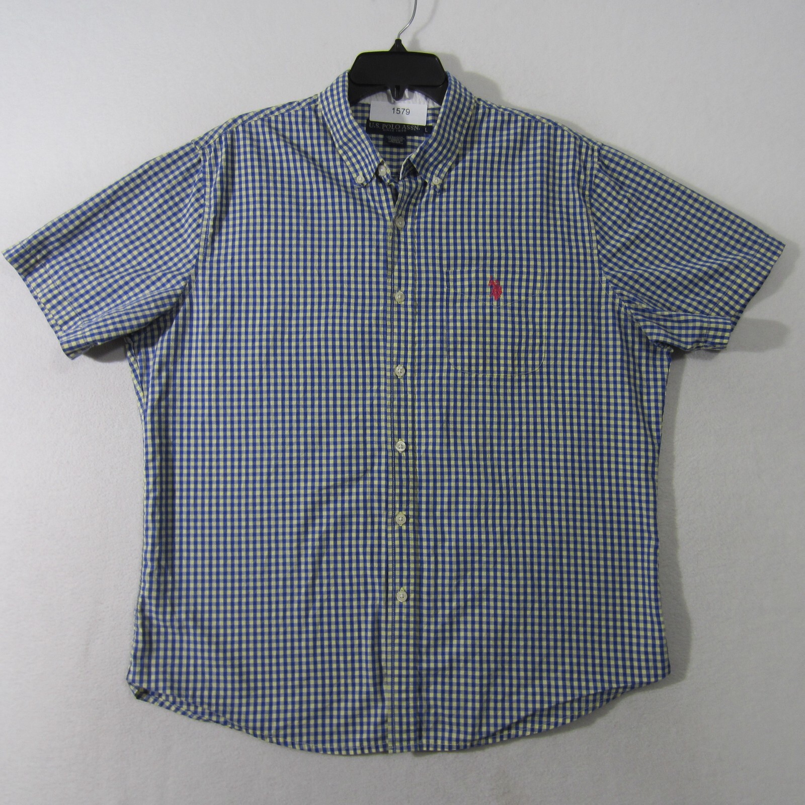 U.S. Polo Assn Shirt Mens Large Yellow Blue Button Up Short Sleeve Casual 1579