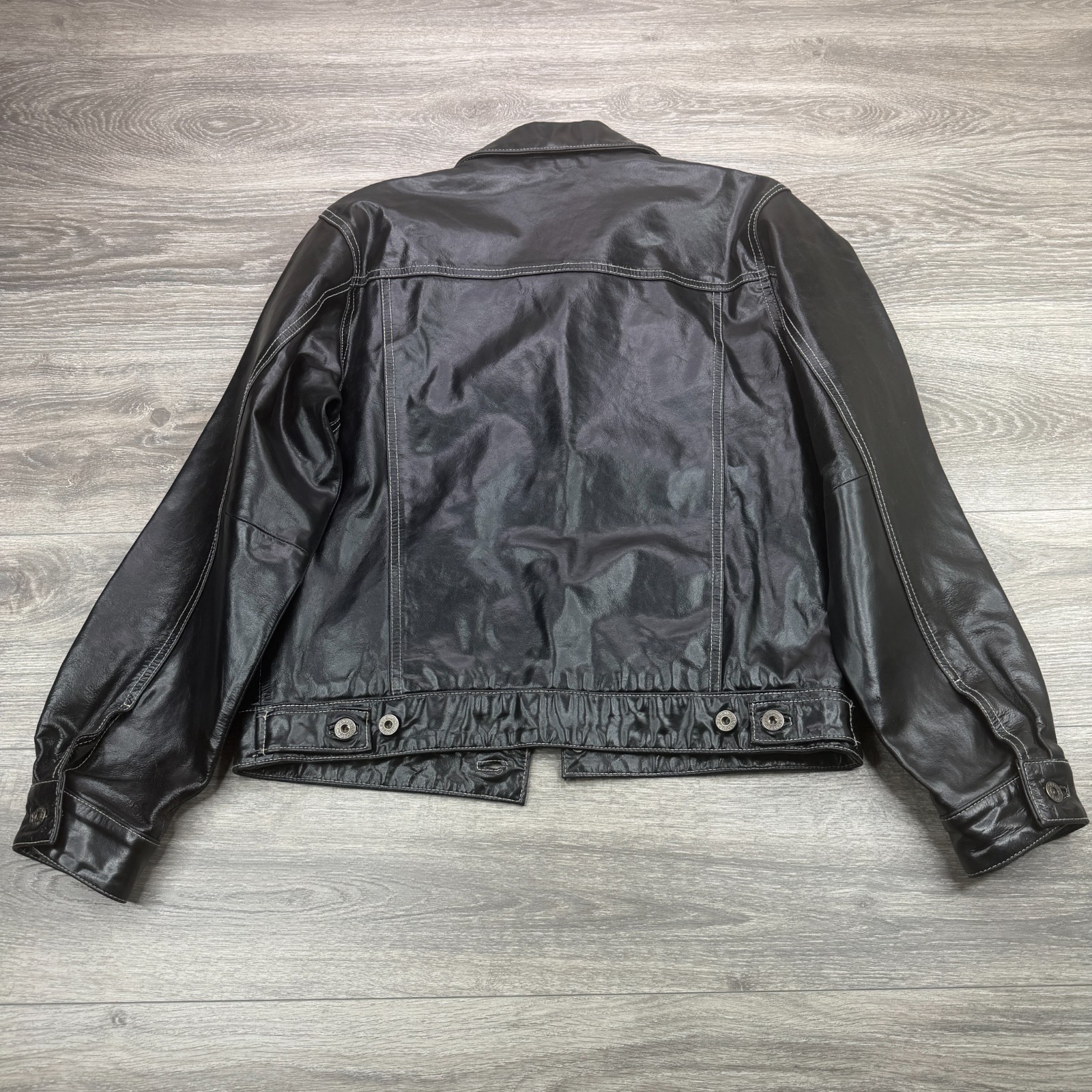 VTG Gap Leather Jacket Mens Small Black Trucker Boxy Stitch Moto Biker Y2K 90s