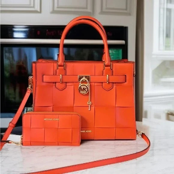 Michael Kors Hamilton Leather Medium Satchel Shoulder Bag + Wallet Set Red Clay