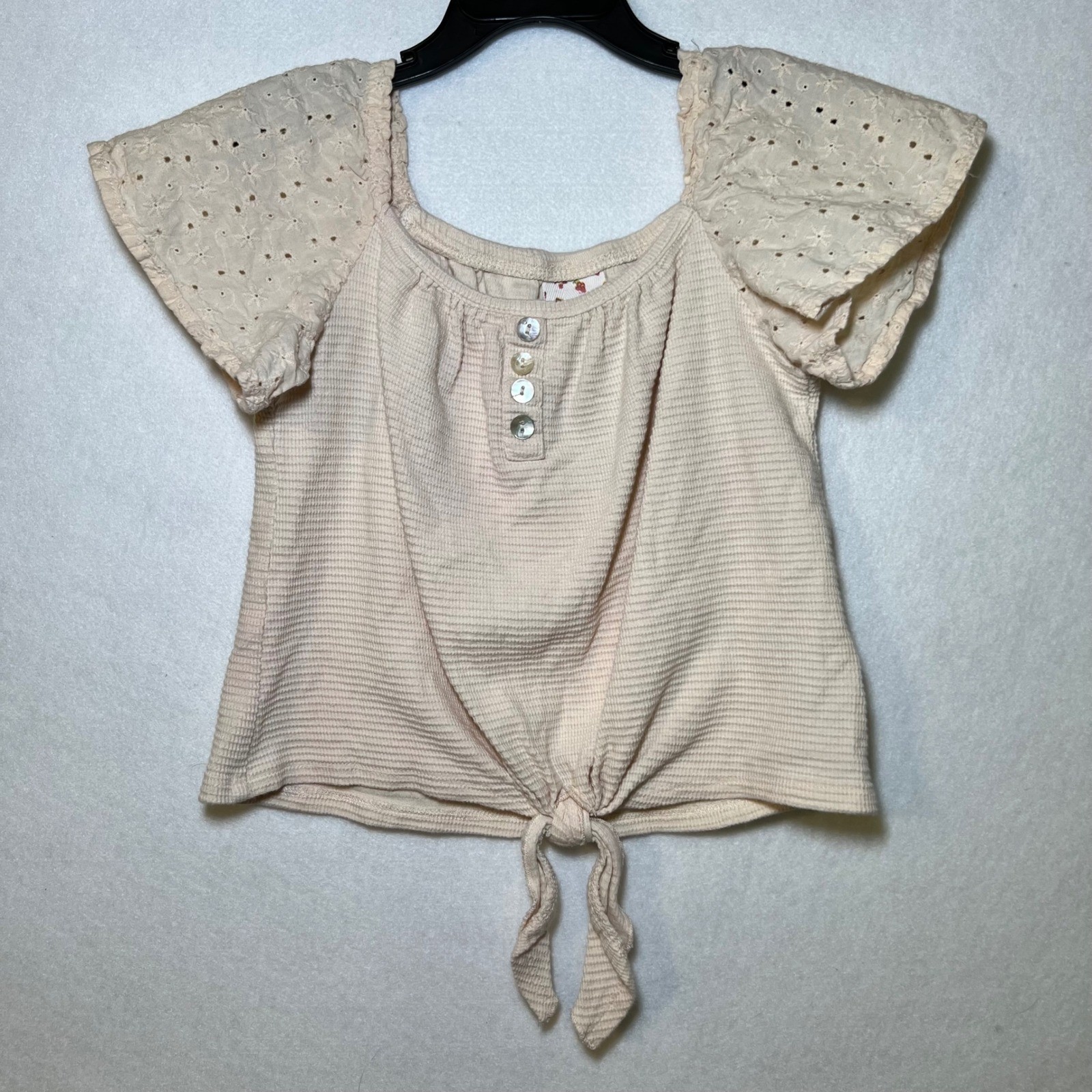 Belle Du Jour Lace Eyelet Tie Front Cottage Peasant Coquette Top Cream Junior S