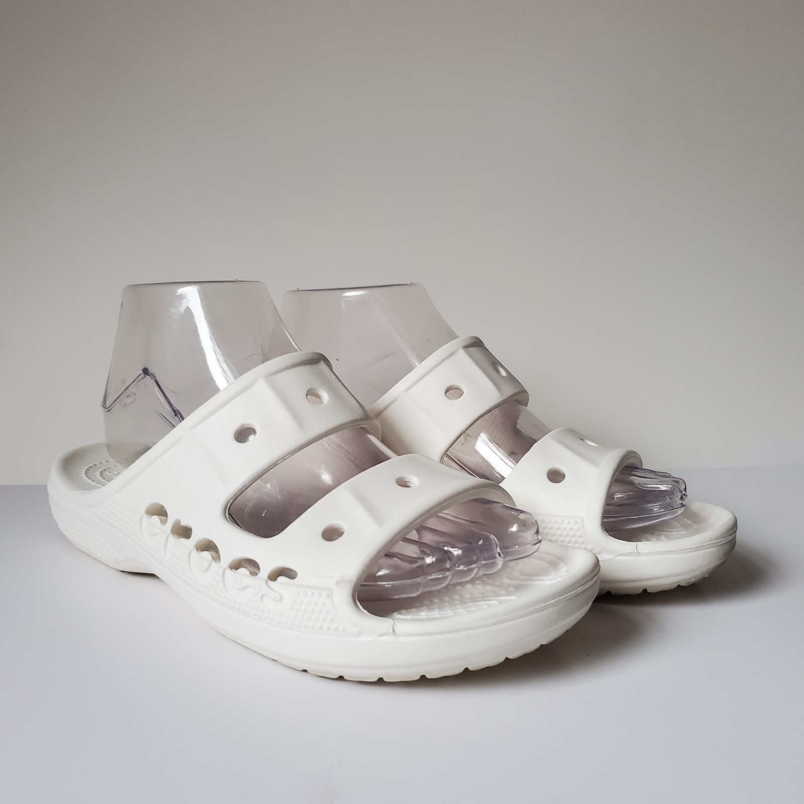 Crocs Baya Slide Sandals Unisex Women 7 Men 5 Spellout Slip-On White Two 2 Strap