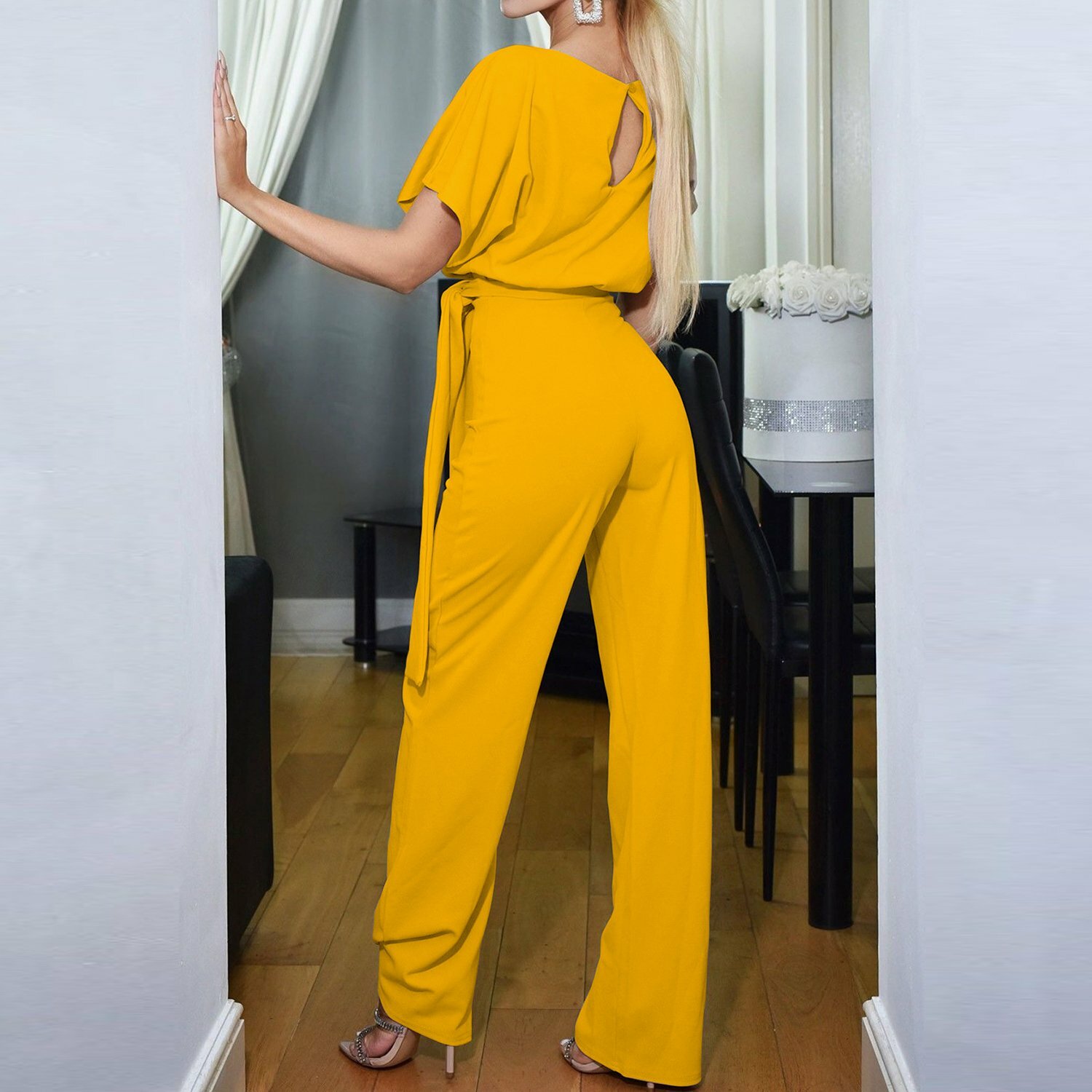 Women Wide Leg Belted Jumpsuits High Waist Romper Flare Palazzo Pants Suit S-XL
