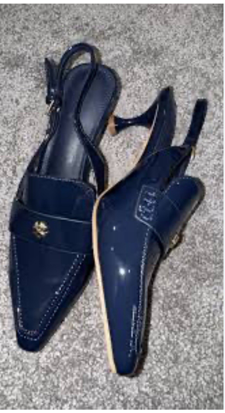 Tory Birch Navy Blue Patent Leather Pointed Toe Slingback Heels 8.5 Buckle Chic