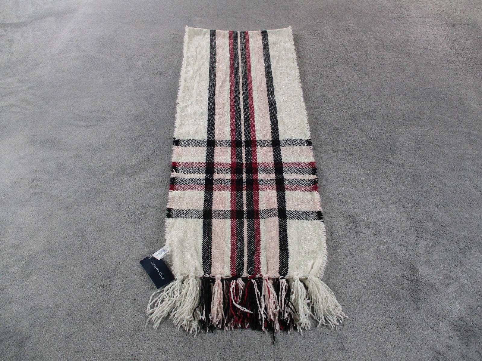 Charter Club Womens One Size Chenille Plaid Scarf Ivory Multicolor Fringe NWT