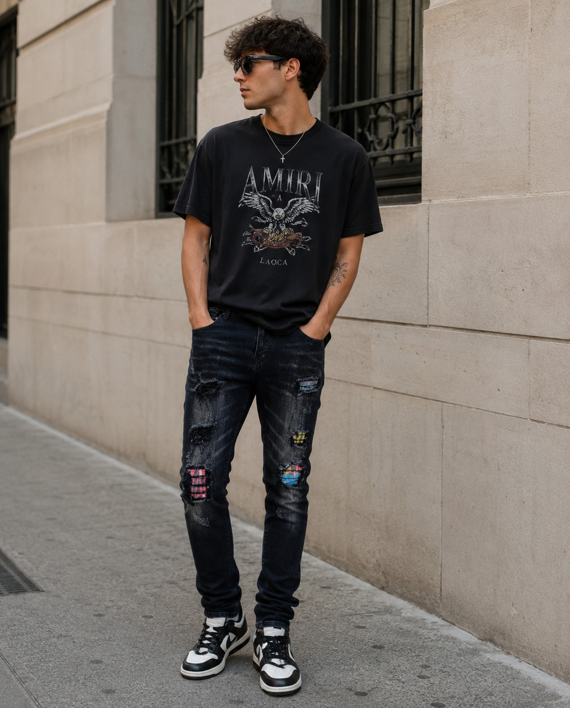 Amiri MX1 Denim Jeans $1080 Size 38 x 32 Patchwork Tie Dye Leather Distressed