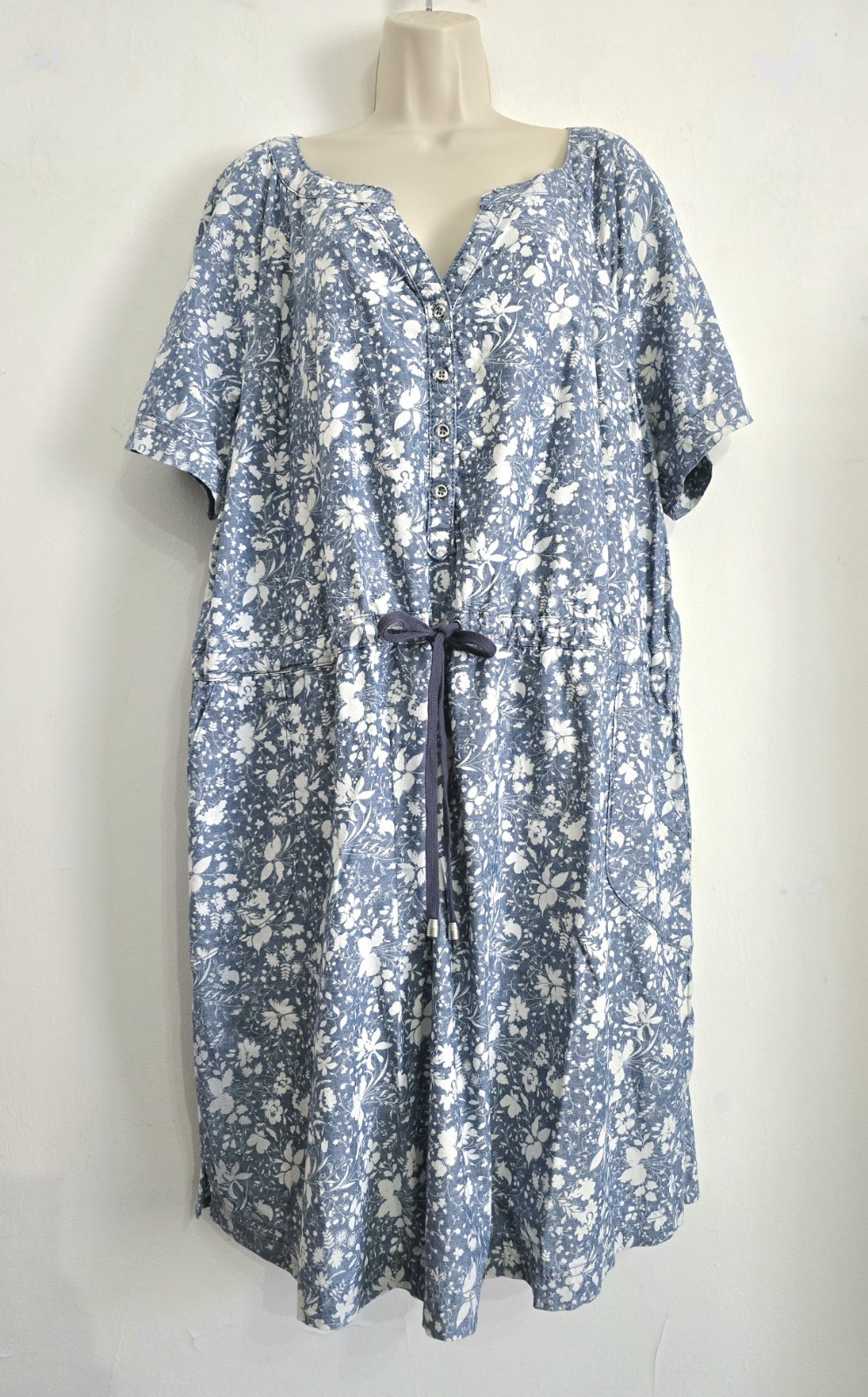 George Size 24 Blue Denim Style Chambray Floral Dress Drawstring Pockets