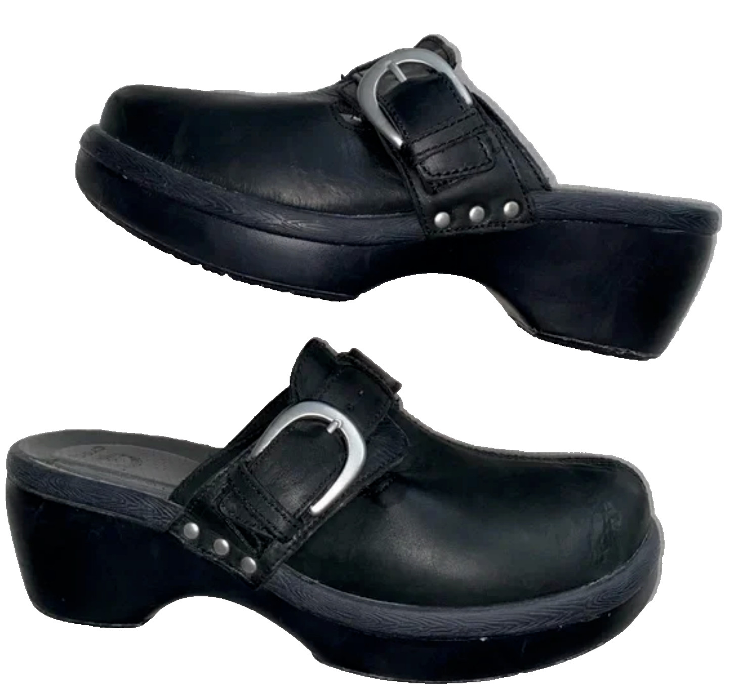 Crocs Sz 9 M Black Leather Buckle Studs Platform Clogs Heels Shoes