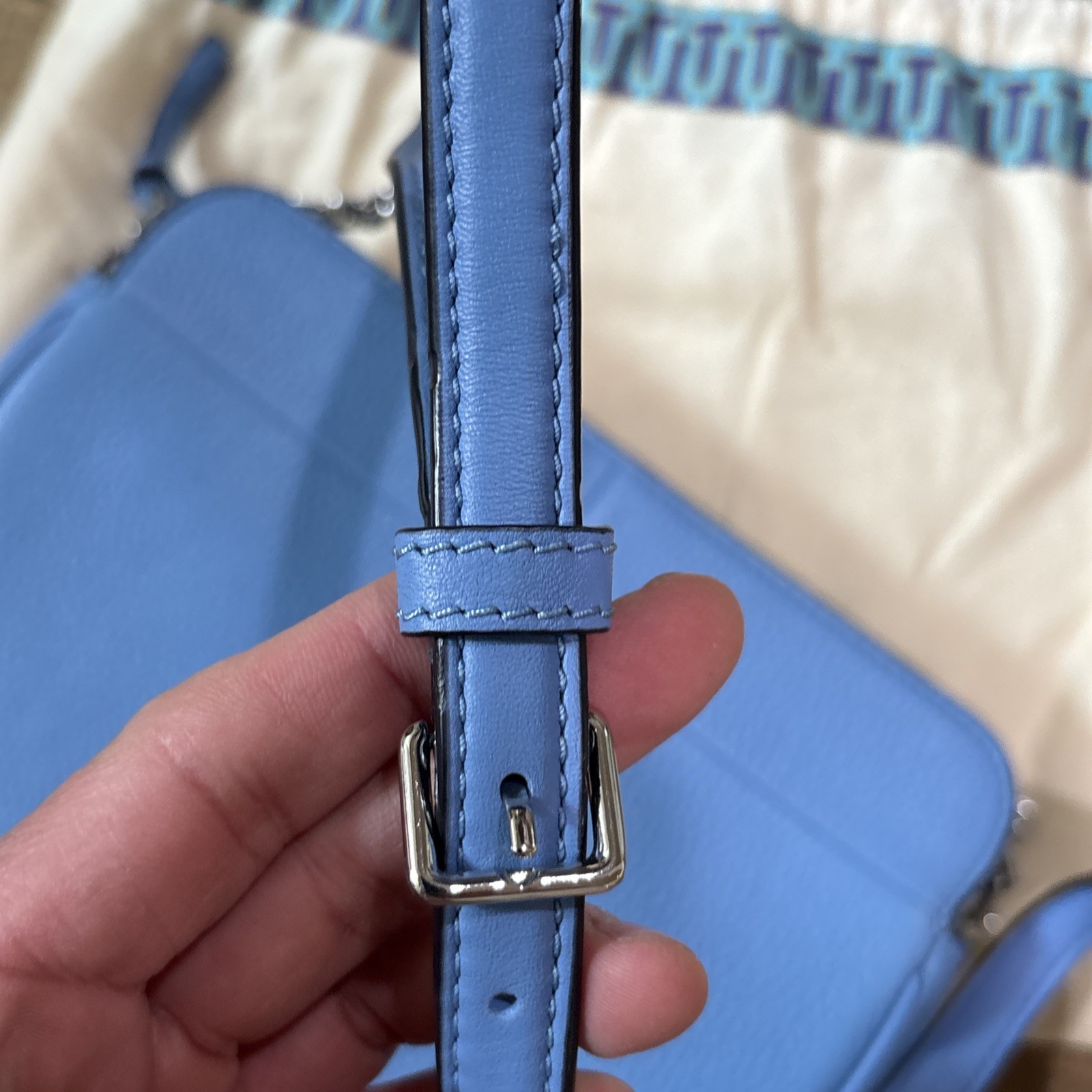 Tory Burch Light Blue Pebbled Leather Crossbody Tassel Logo