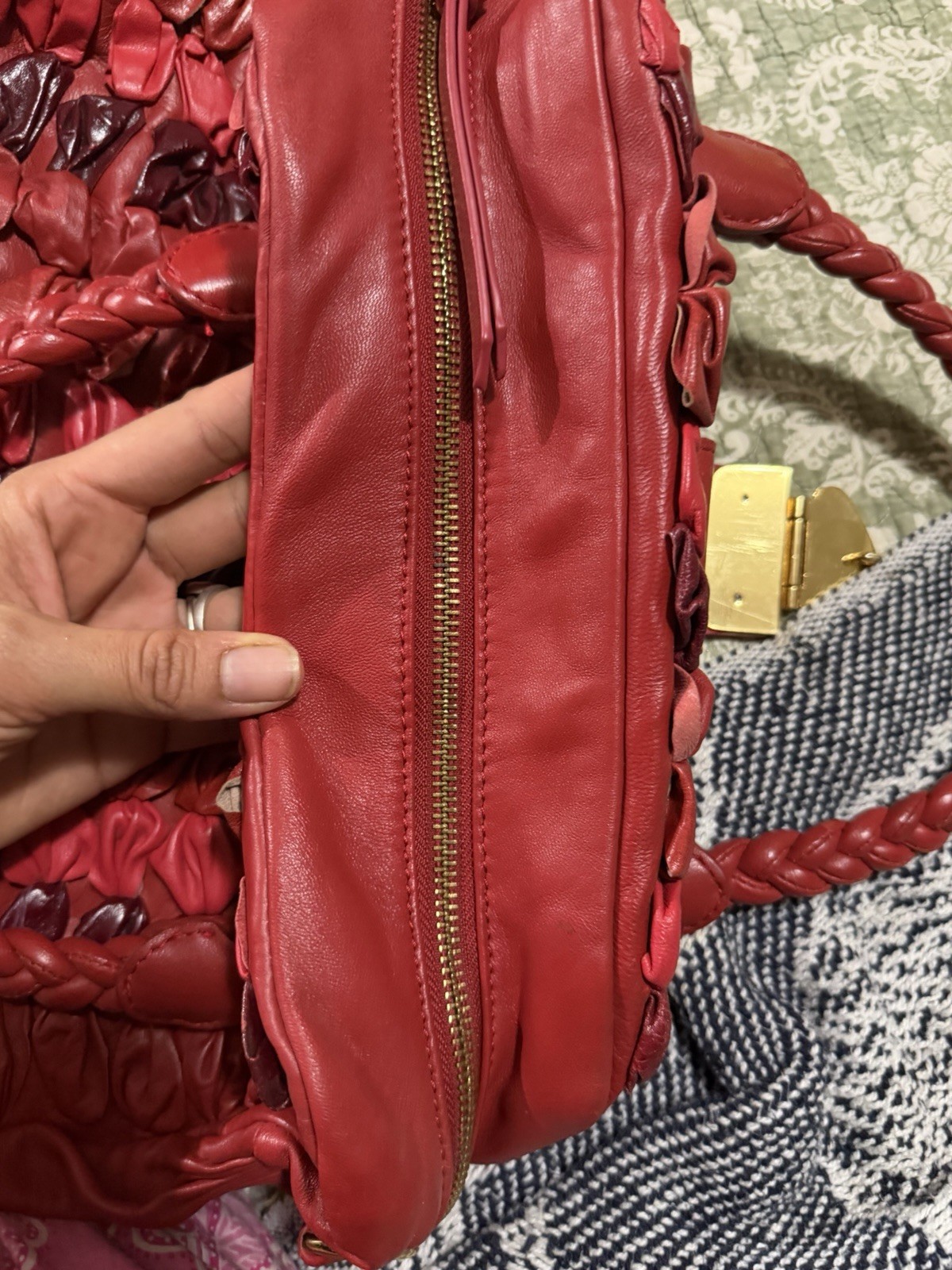 Miu Miu Red Satchel Top Handle Bag Braided Handles Gold Hardware Zip Push Lock
