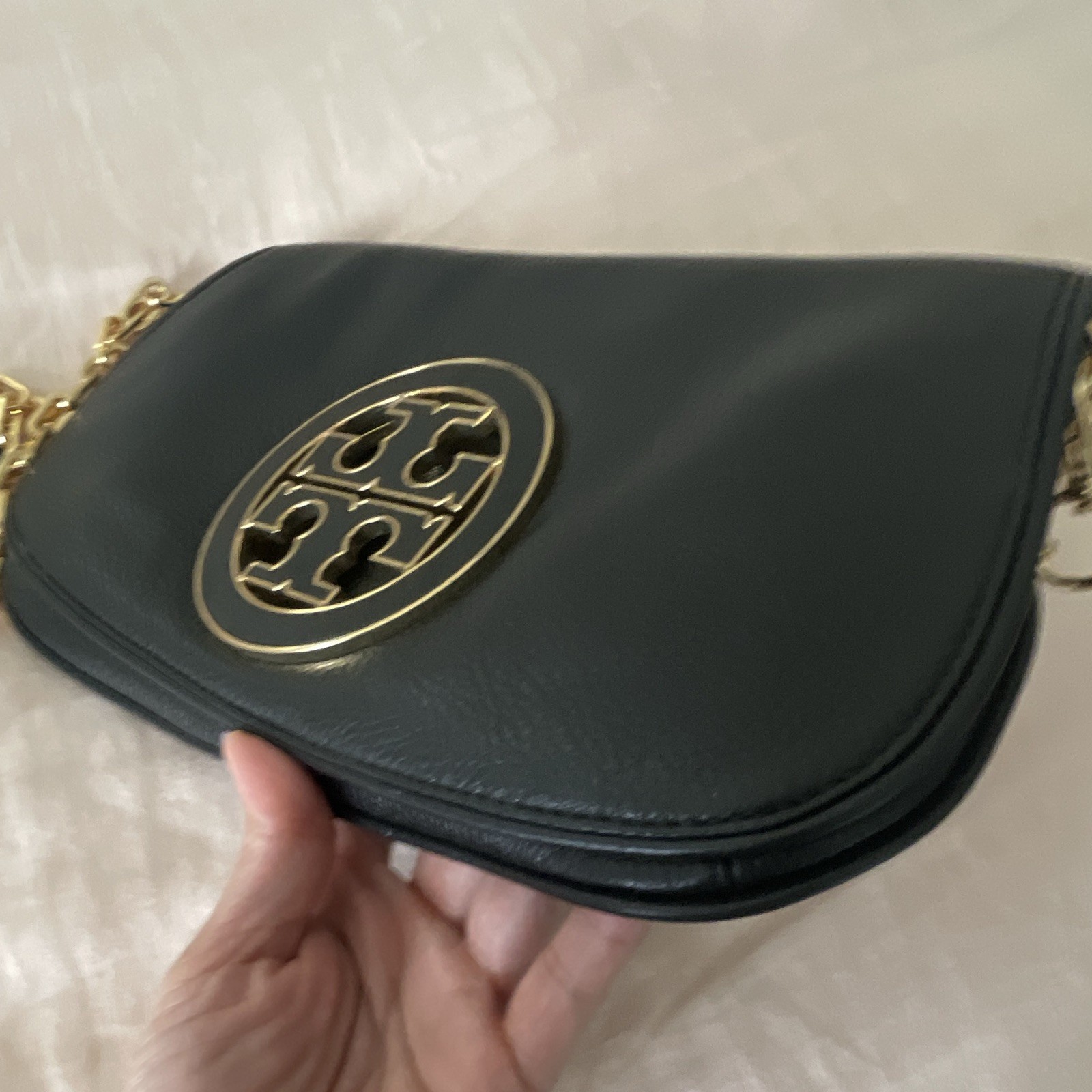 Tory Burch Black Logo Small Crossbody Shoulder Bag Gold Chain Magnetic Flap