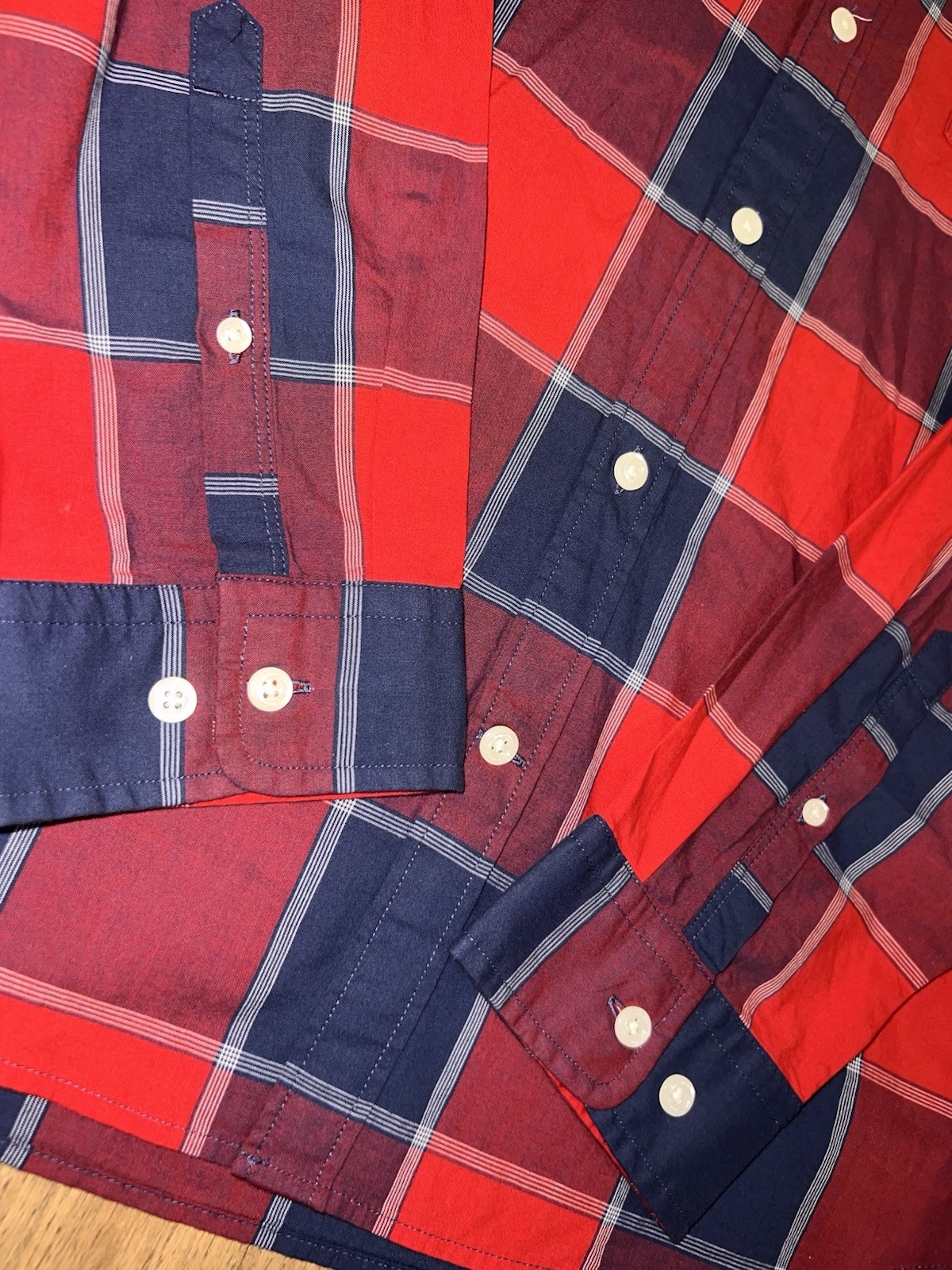 Express Men’s L Red Blue Plaid Button Down Shirt Long Sleeve Casual 100% Cotton