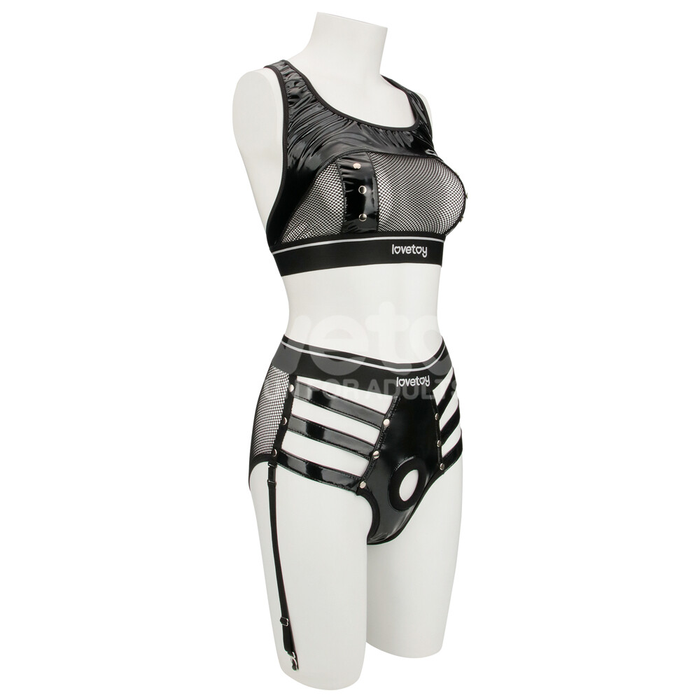 Reign Leather & Mesh Harness Set Body Bra & Panty Garter Belt Harness Lingerie
