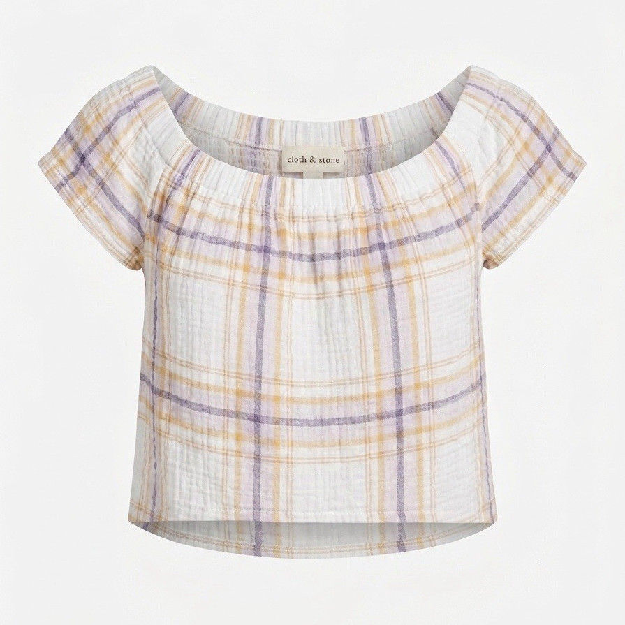 Cloth & Stone Plaid Off the Shoulder Crop Top XS Pastel Textured Gauze Blouse