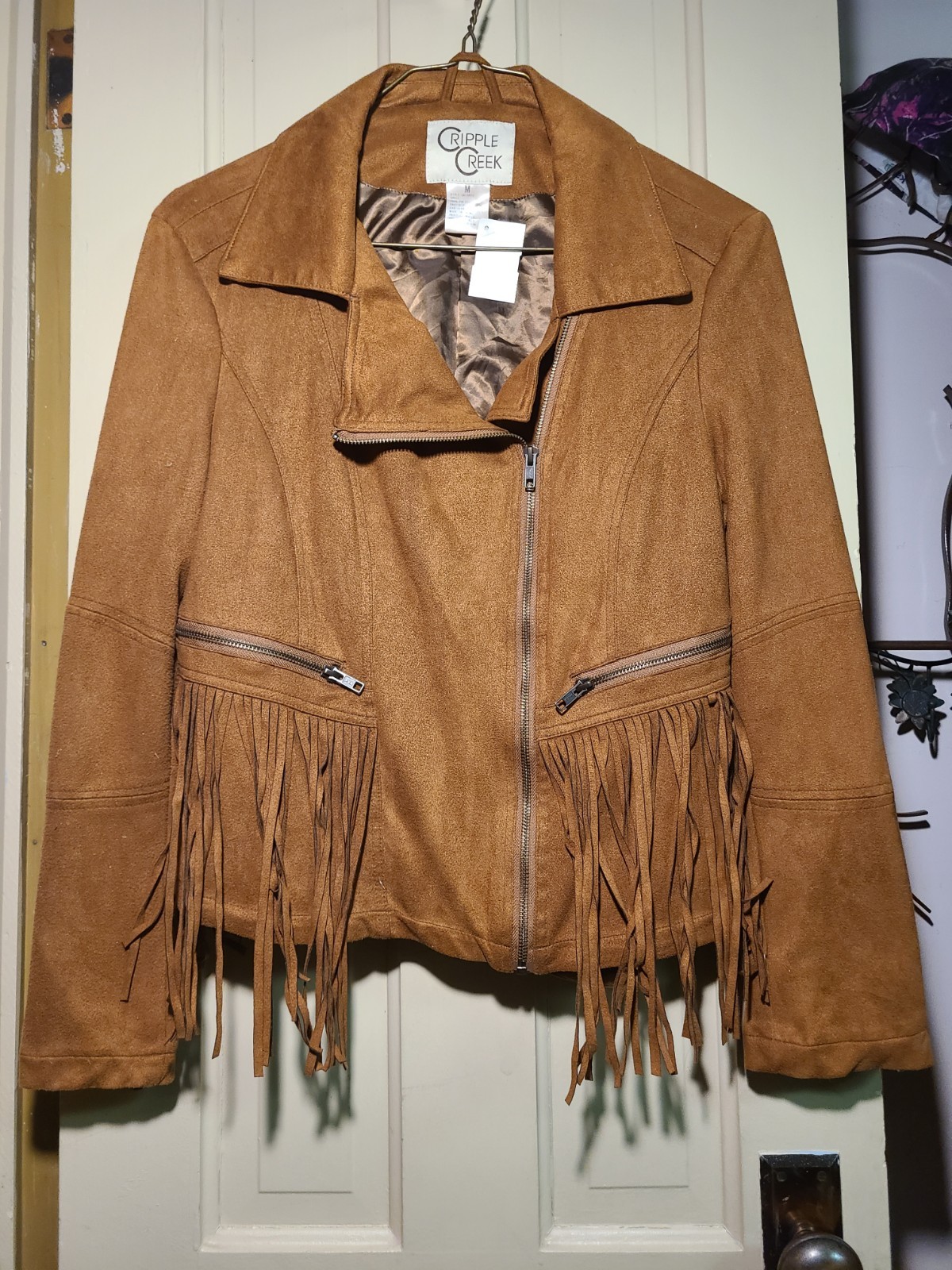 Womens Cripple Creek Genuine Suede Leather Zip Jacket With Fringe Front And Back