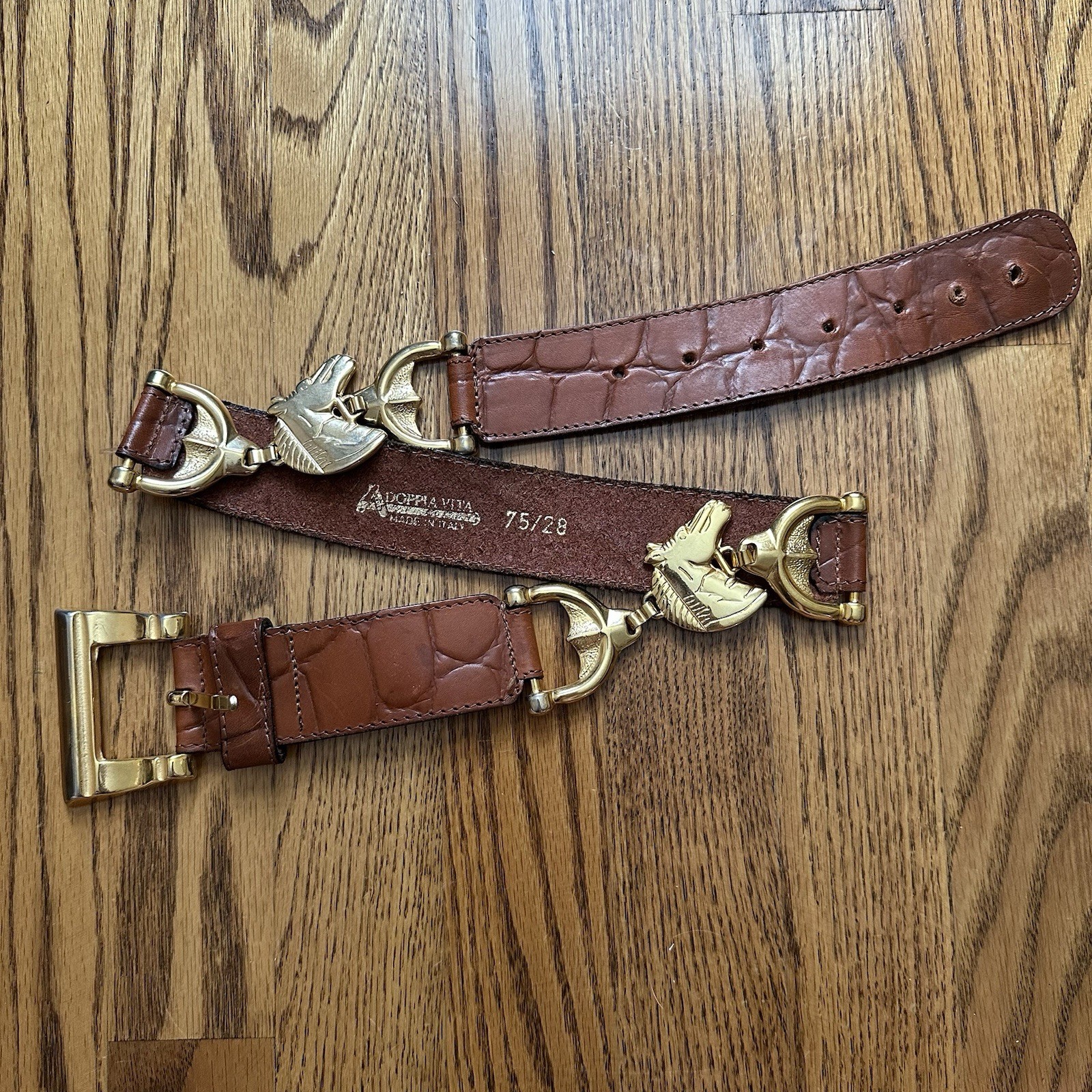 La Doppia Vita Vintage Italian Brown Leather Belt Brass horsebit Equestrian